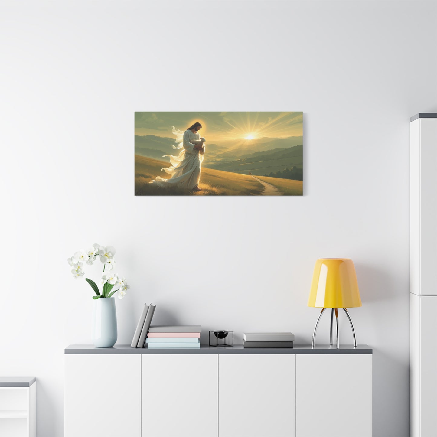 Jesus Holding Lamb Canvas Wall Art - Christian Sunset Landscape Print, Golden Light Faith Decor - Matte Cotton Canvas - Traditional Living Room Wall Decor, Bedroom Home Accent - Modern Farmhouse Style