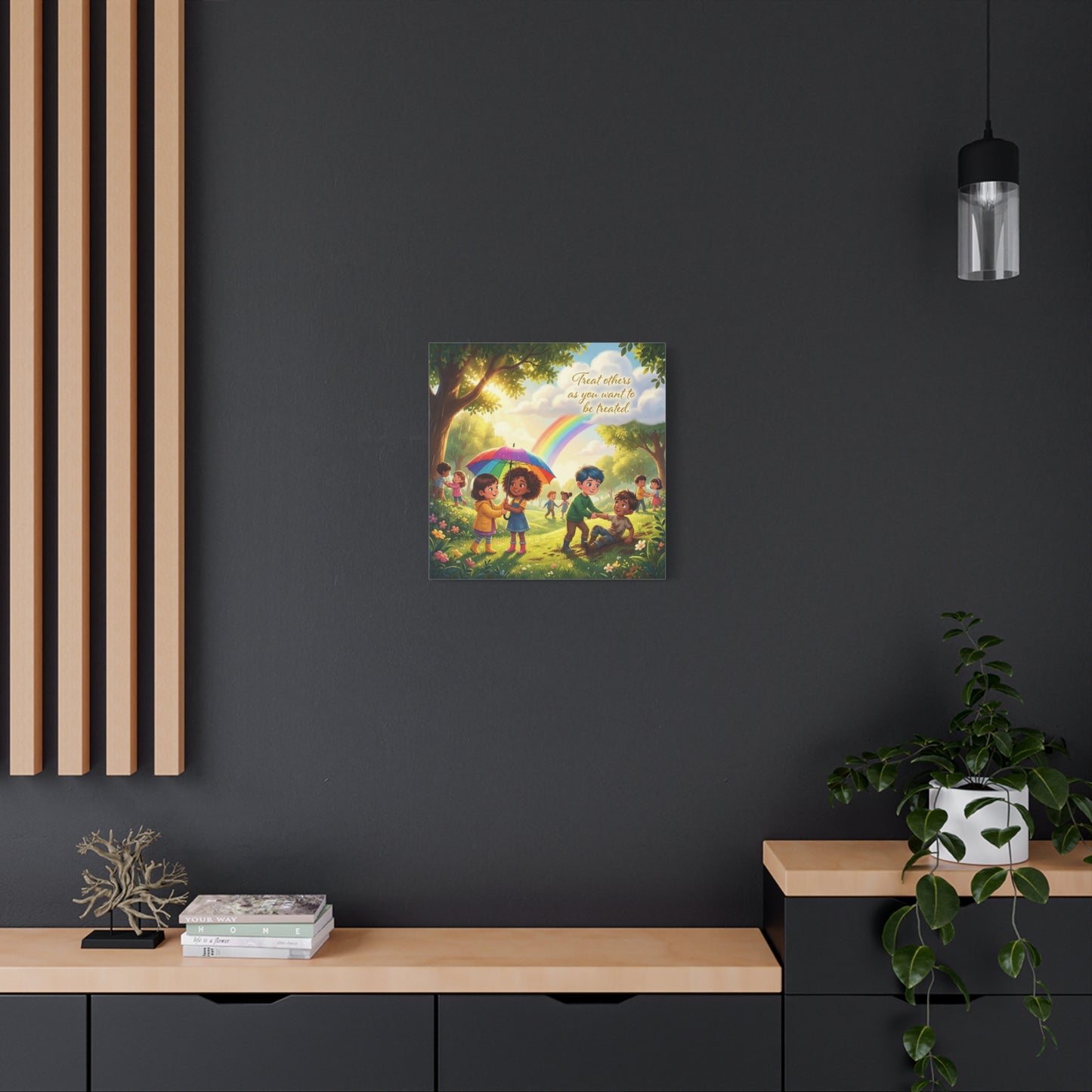 "Treat Others As You Want To Be Treated" Kids Canvas Wall Art - Rainbow Kindness Quote, Children Helping In Sunny Park - Matte Cotton Print - Playroom Classroom Decor, Nursery Wall Hanging