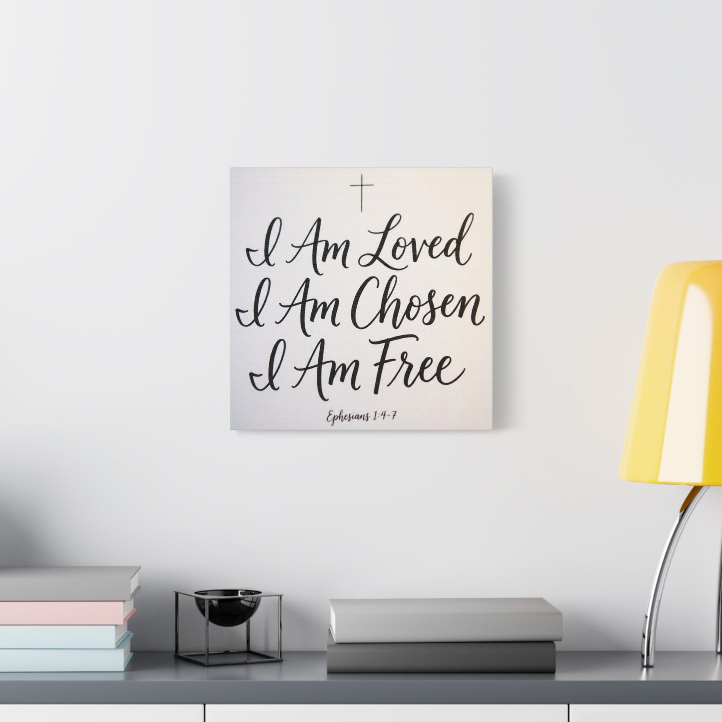"I Am Loved, Chosen, Free" Christian Canvas Wall Art - Ephesians 1:4-7 Scripture Cross Print - Neutral Typography Decor - Bedroom Home Decoration, Living Room Wall Decor - Ready to Hang