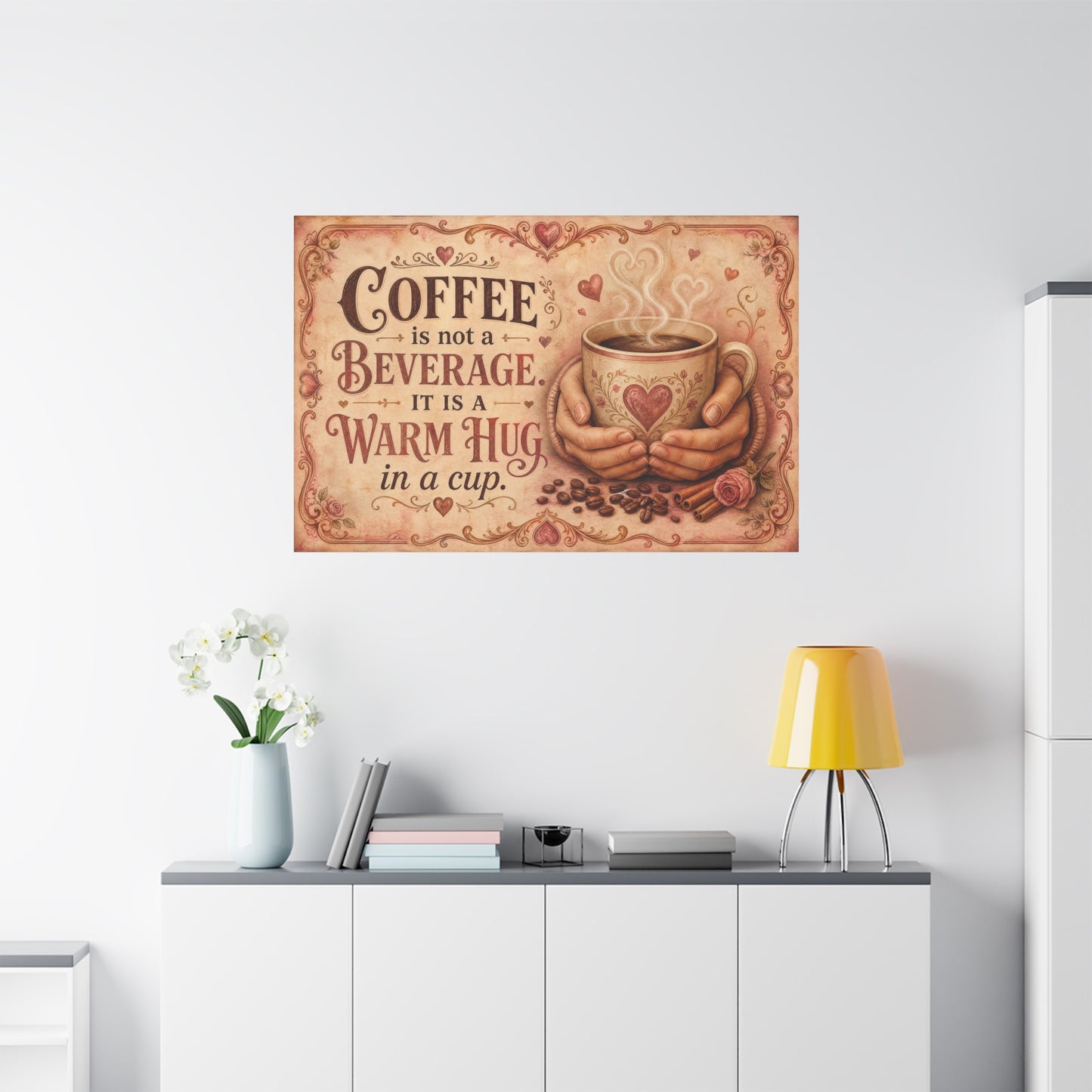 "Coffee Is Not A Beverage, It Is A Warm Hug In A Cup" Canvas Wall Art - Vintage Quote Print, Romantic Cottage Style, Farmhouse Decor, Cafe Wall Accent - Coffee Shop Decor - Espresso Bar Sign