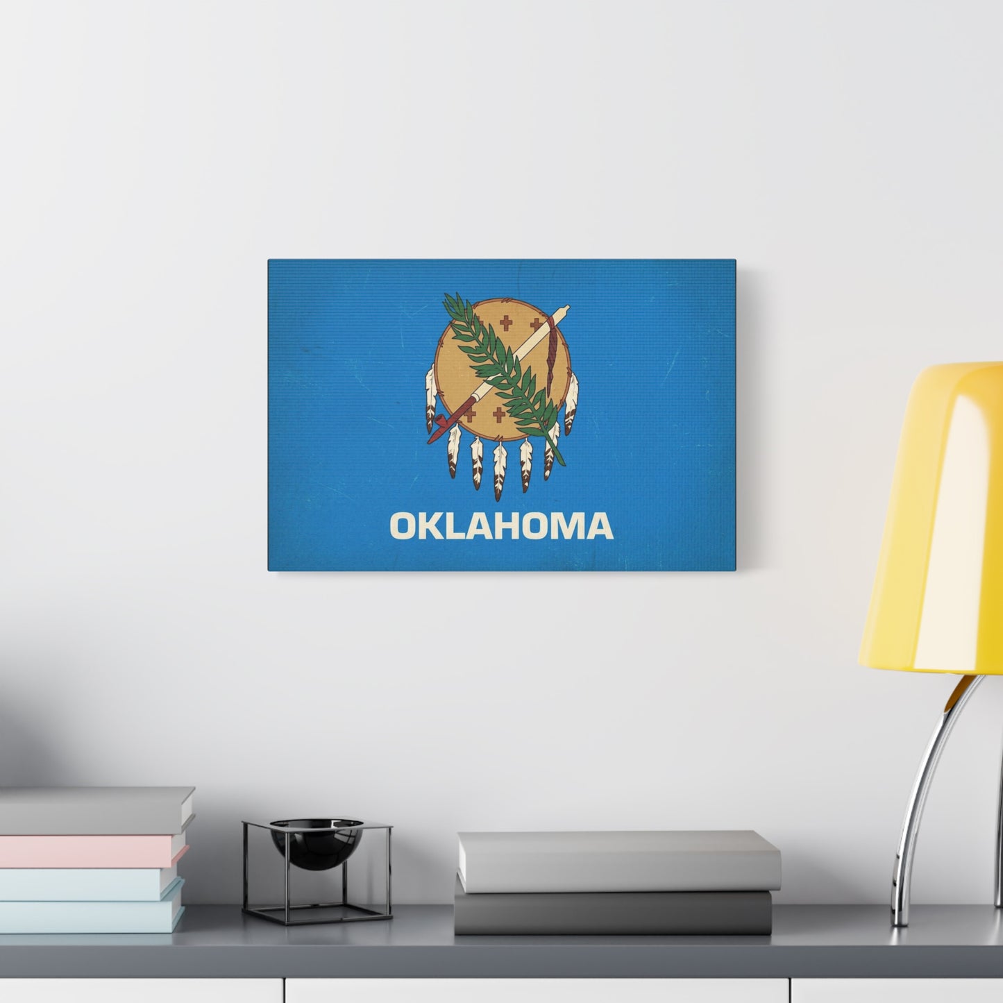 "OKLAHOMA" State Flag Canvas Wall Art - Vintage Blue Shield, Olive Branch And Peace Pipe Print - Rustic Americana Style - Living Room Decor, Office Wall Accent - Ready to Hang - Modern Farmhouse Style