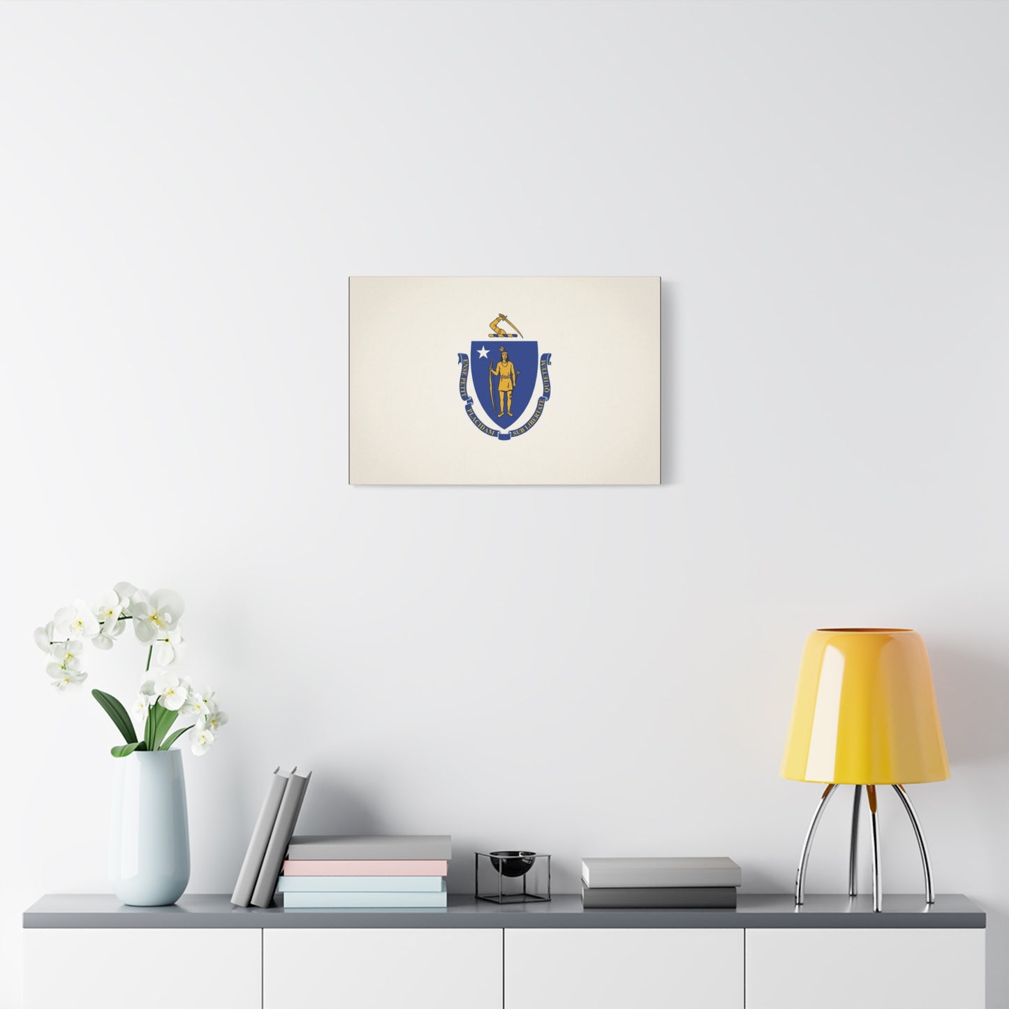 Massachusetts State Flag Canvas Wall Art - Ense Petit Placidam Sub Libertate Quietem - Blue Shield Native American Crest - Minimalist Patriotic Decor - Living Room Wall Decor - Bedroom Home Decoration