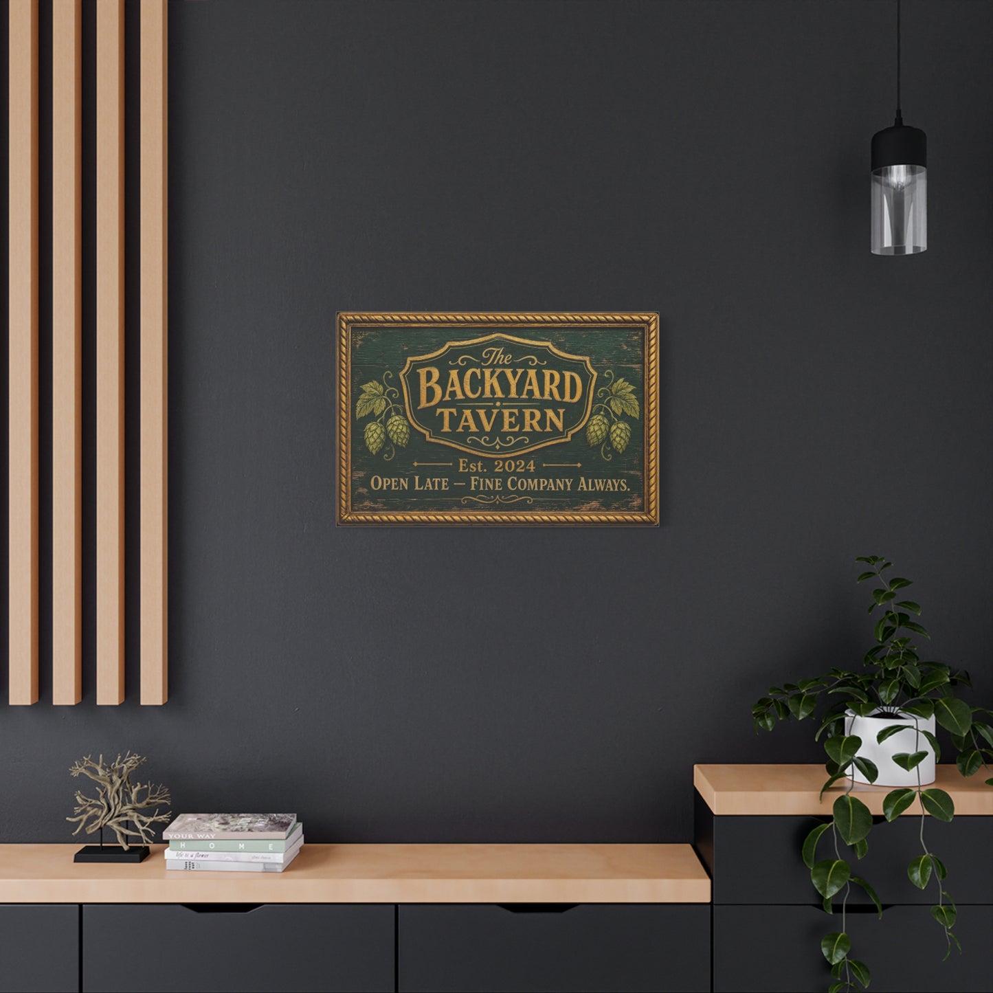 "The Backyard Tavern" Canvas Wall Art - Vintage Pub Sign, Rustic Typography Decor - Green And Gold Tavern Style Print, Bar Room Wall Decor - Ready to Hang - Ready to Hang - Speakeasy Style Sign