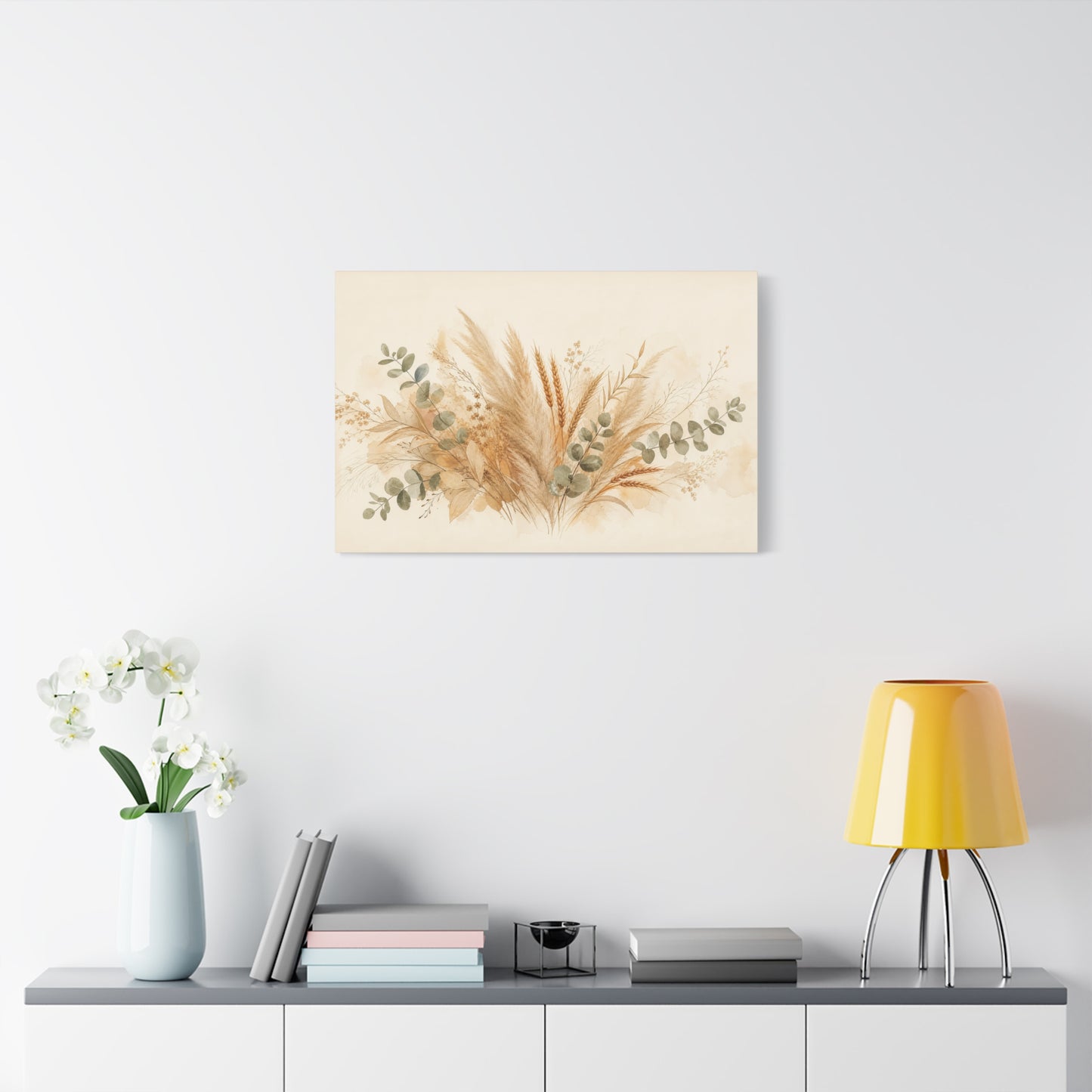 Neutral Botanical Canvas Wall Art - Pampas Grass, Wheat Stems, Eucalyptus Print - Soft Beige Sage Floral Composition - Modern Farmhouse Style - Living Room Wall Decor, Bedroom Home Decoration
