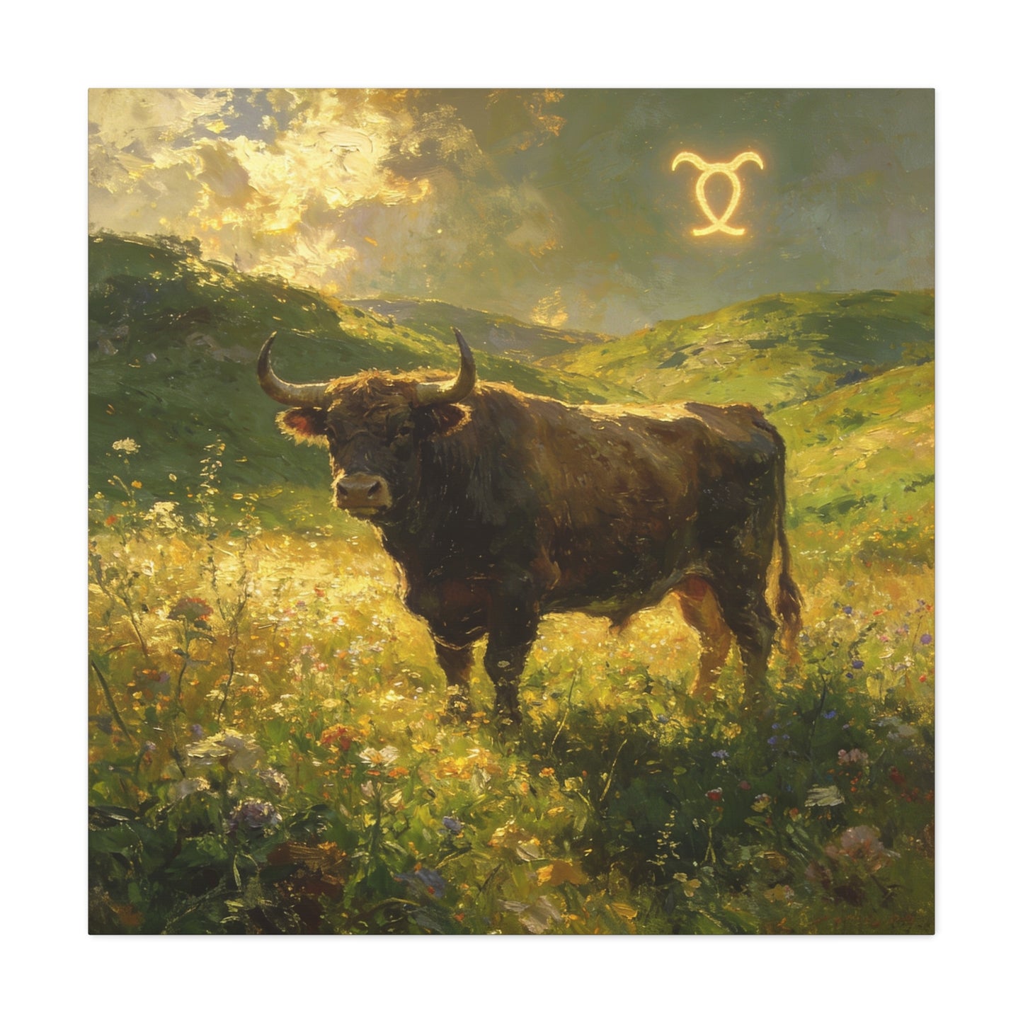 Taurus Bull Canvas Wall Art - Golden Meadow Landscape Painting, Zodiac Symbol, Rustic Contemporary Cotton Canvas Print, Living Room Wall Decor, Bedroom Home Decoration, Office Art Accent