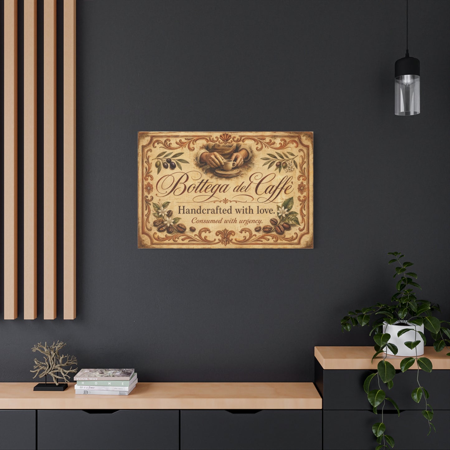 "Bottega del Caffe" Canvas Wall Art - Vintage Italian Coffee Quote Print, Olive Branches, Beans, Rustic Farmhouse Decor, Cafe Wall Hanging - Modern Farmhouse Style - Coffee Shop Decor - Ready to Hang
