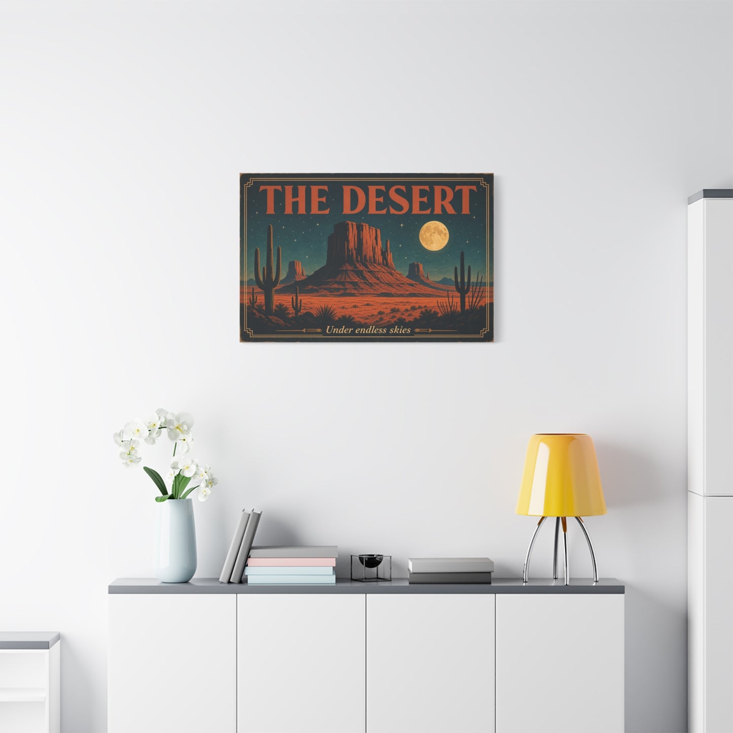 "THE DESERT" Canvas Wall Art - Moonlit Saguaro Desert Mesa Landscape, "Under endless skies" - Vintage Southwest Poster Style, Living Room Wall Decor, Bedroom Home Decoration - Bedroom Home Decoration