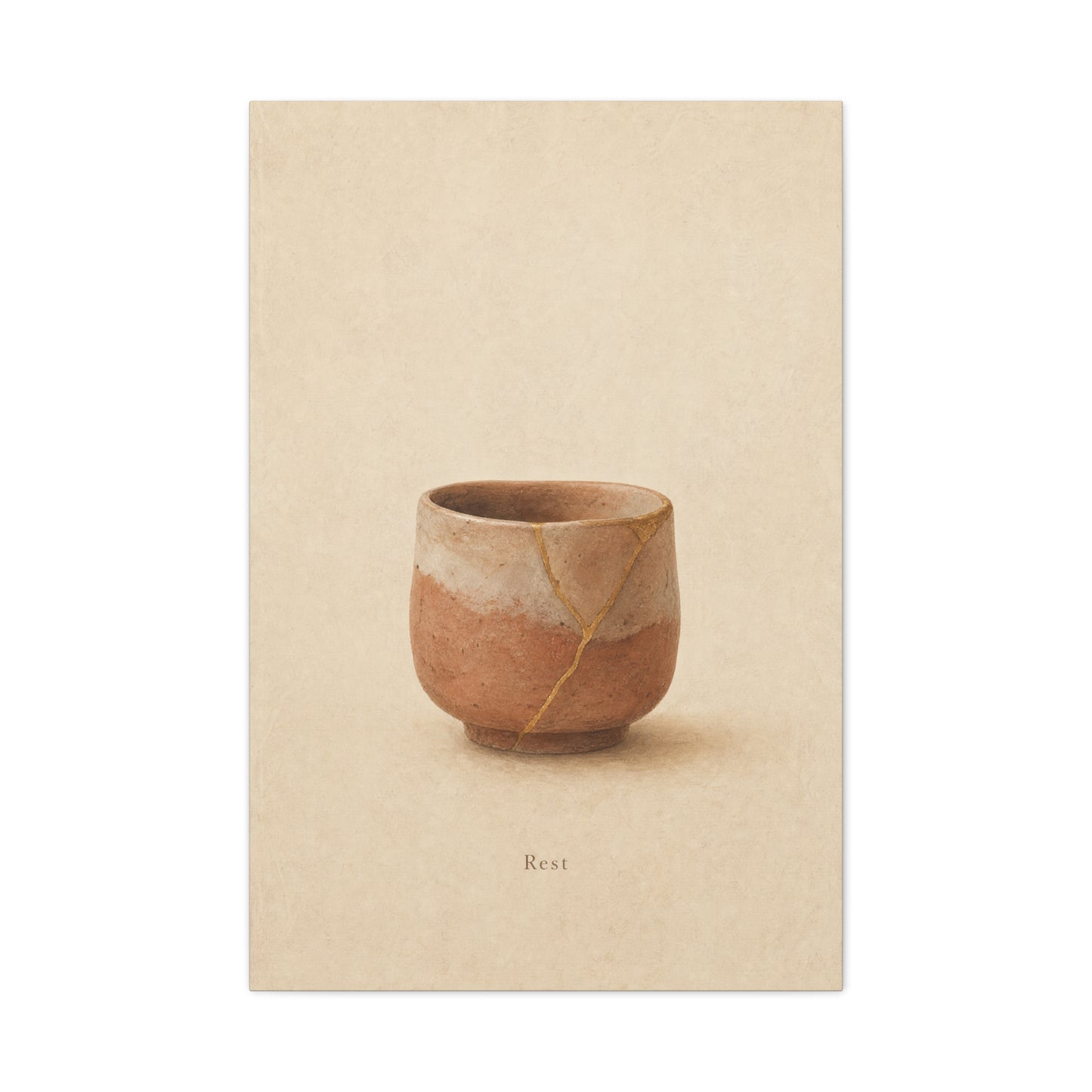 "Rest" Kintsugi Pot Canvas Wall Art - Minimalist Still Life Ceramic Vessel Print - Neutral Beige Brown Japanese Inspired Decor - Bedroom Meditation Space Living Room Home Accent - Office Wall Art