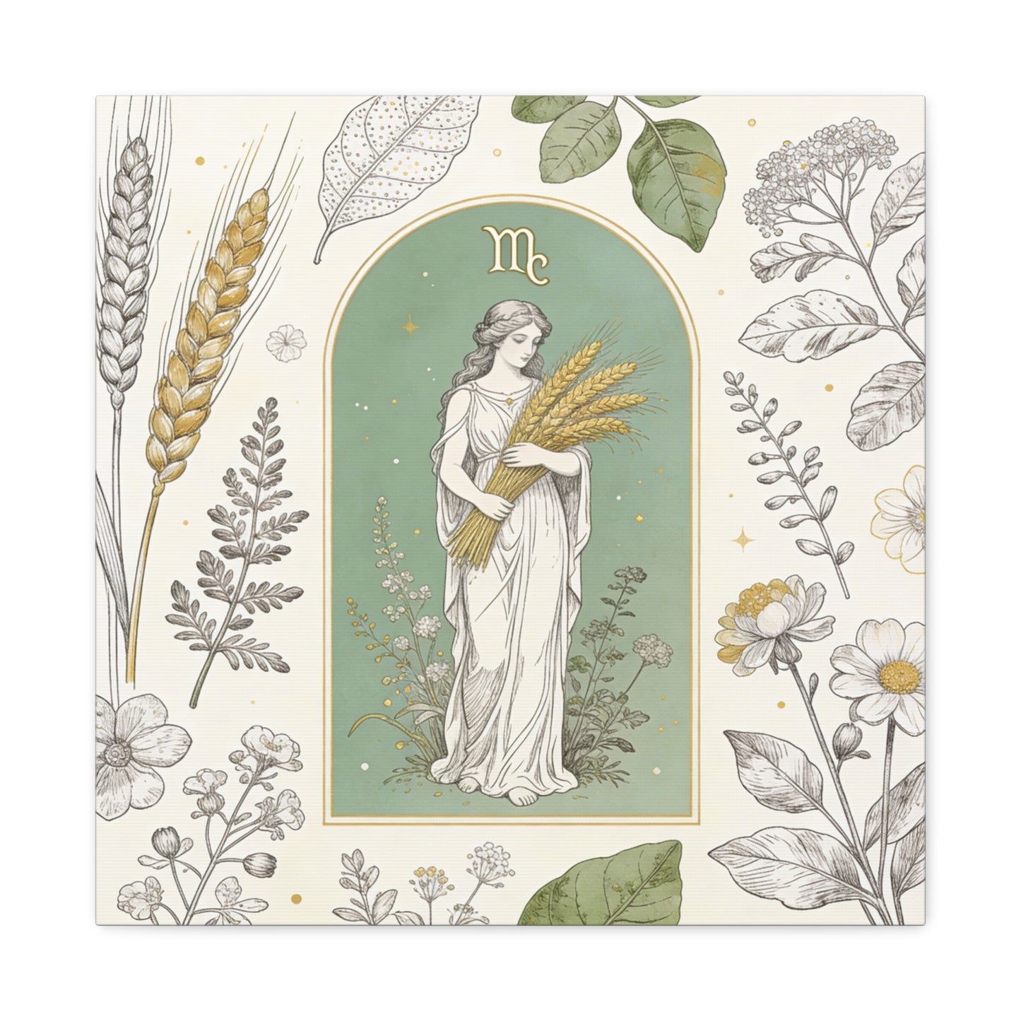 Virgo Zodiac Canvas Wall Art - Botanical Maiden Holding Wheat, Celestial Illustration - Sage Green Gold Cotton Print - Vintage Astrology Decor, Bedroom Wall Hanging Accent - Bedroom Home Decoration