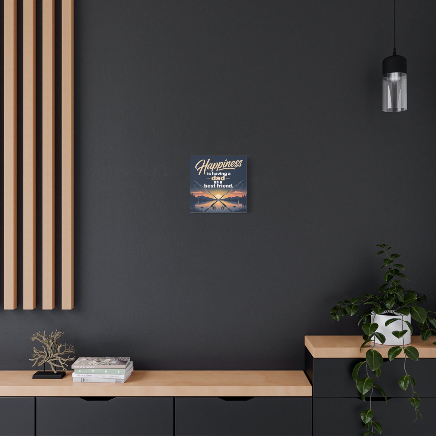 "Happiness Is Having A Dad As A Friend" Fishing Canvas Wall Art - Sunset Lake Quote Print - Rustic Typography Decor - Bedroom Home Decoration - Bedroom Home Decoration - Living Room Wall Decor