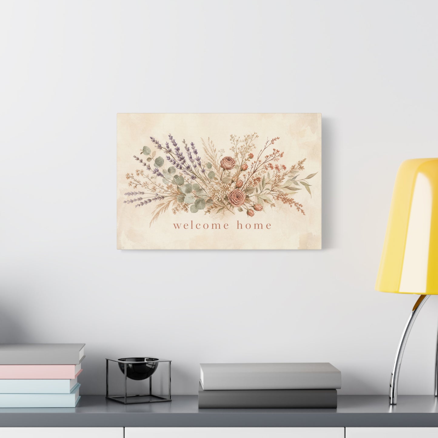 "Welcome Home" Floral Canvas Wall Art - Rustic Botanical Bouquet, Lavender Rose Eucalyptus Print - Farmhouse Wall Decor, Entryway Home Decoration - Ready to Hang - Modern Farmhouse Style