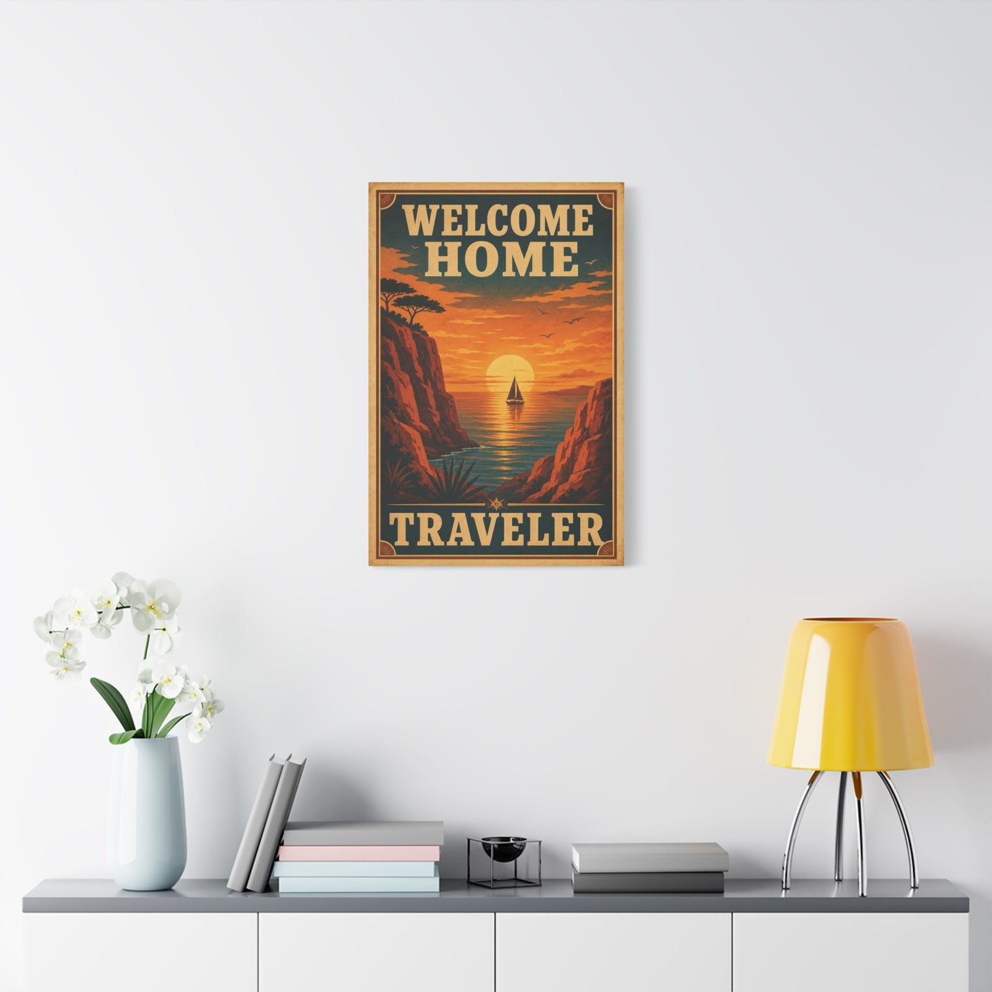 "Welcome Home Traveler" Vintage Coastal Canvas Wall Art - Sunset Sailboat Seascape Print - Retro Travel Poster Style - Living Room Wall Decor, Hallway Home Decoration - Modern Farmhouse Style