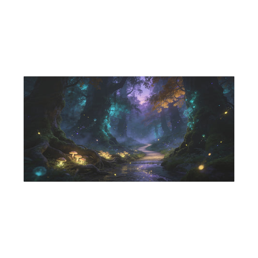 Enchanted Forest Canvas Wall Art - Glowing Mushrooms, Moonlit Woodland Path - Dreamy Fantasy Landscape - Matte Cotton Canvas Print - Living Room Wall Decor, Bedroom Home Decoration - Ready to Hang