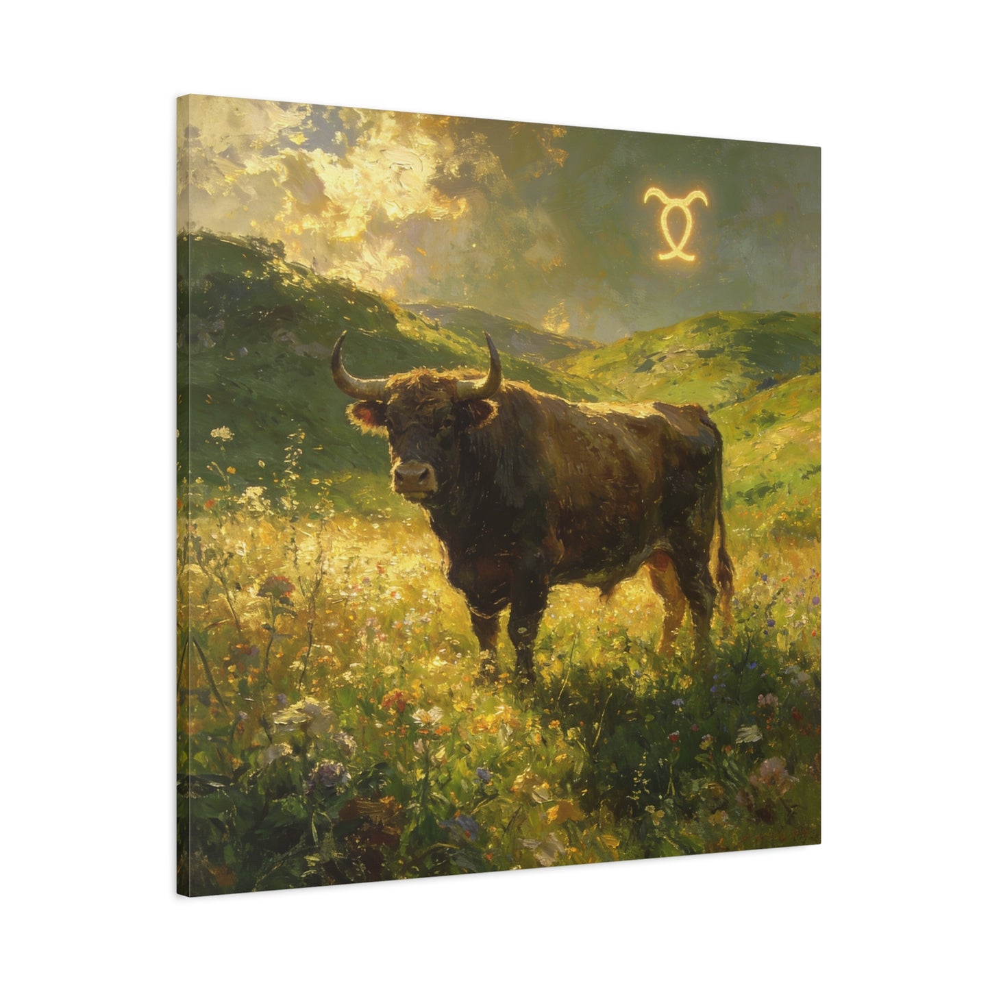 Taurus Bull Canvas Wall Art - Golden Meadow Landscape Painting, Zodiac Symbol, Rustic Contemporary Cotton Canvas Print, Living Room Wall Decor, Bedroom Home Decoration, Office Art Accent