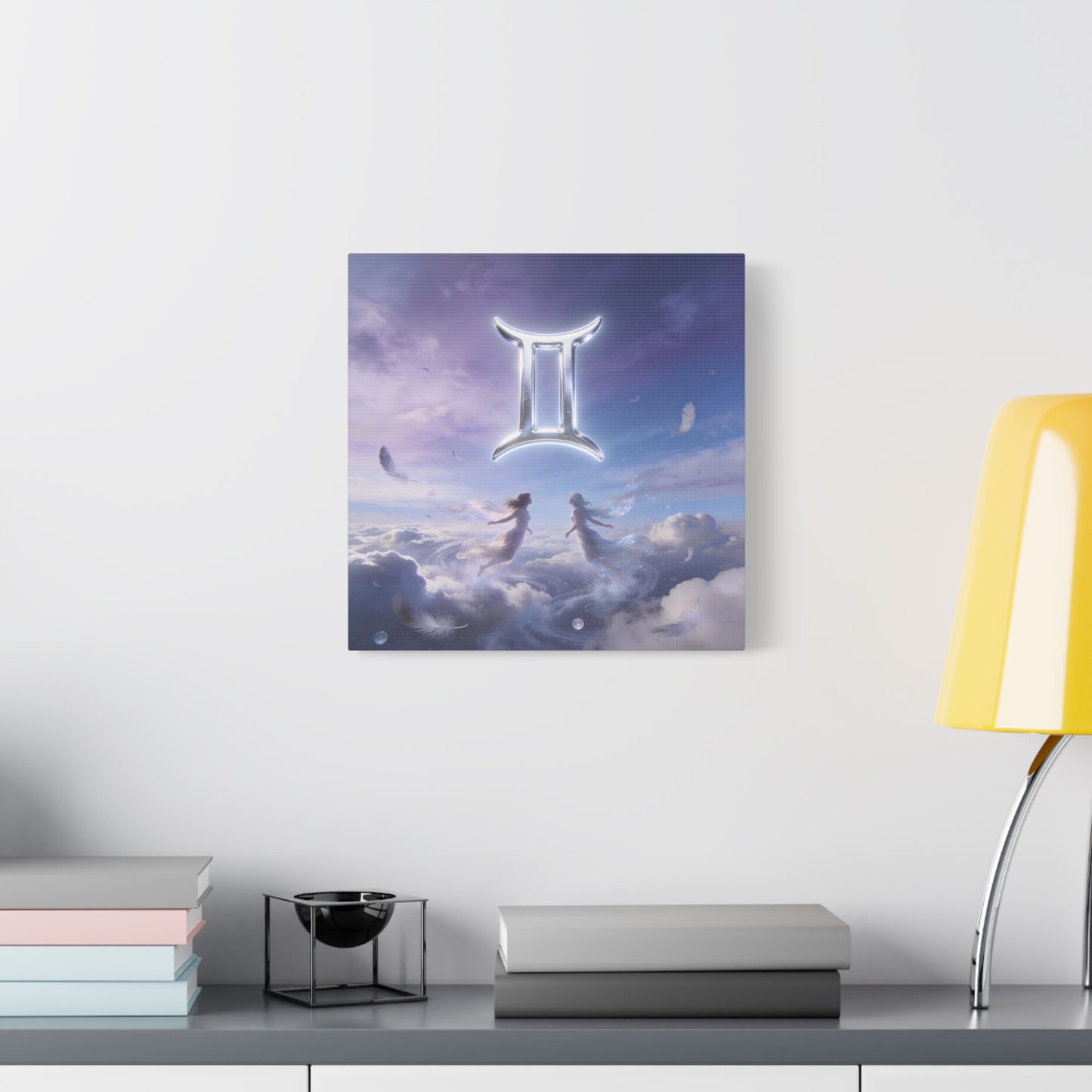 Gemini Zodiac Canvas Art Print - Glowing Twin Symbol, Ethereal Sky Illustration - Dreamy Celestial Typography Style - Cotton Canvas Decor For Bedroom, Living Space, Meditation Room - Office Wall Art