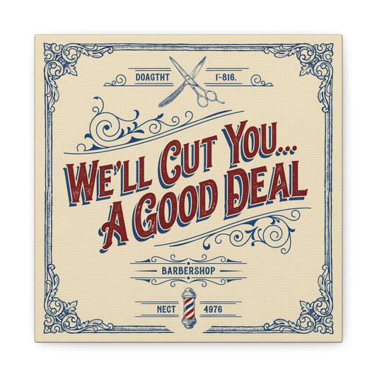 "We'll Cut You... A Good Deal" Barbershop Canvas Wall Art - Vintage Typography Sign, Retro Barber Pole And Scissors Design - Rustic Shop Decor - Salon Wall Art, Reception Area Decor - Ready to Hang