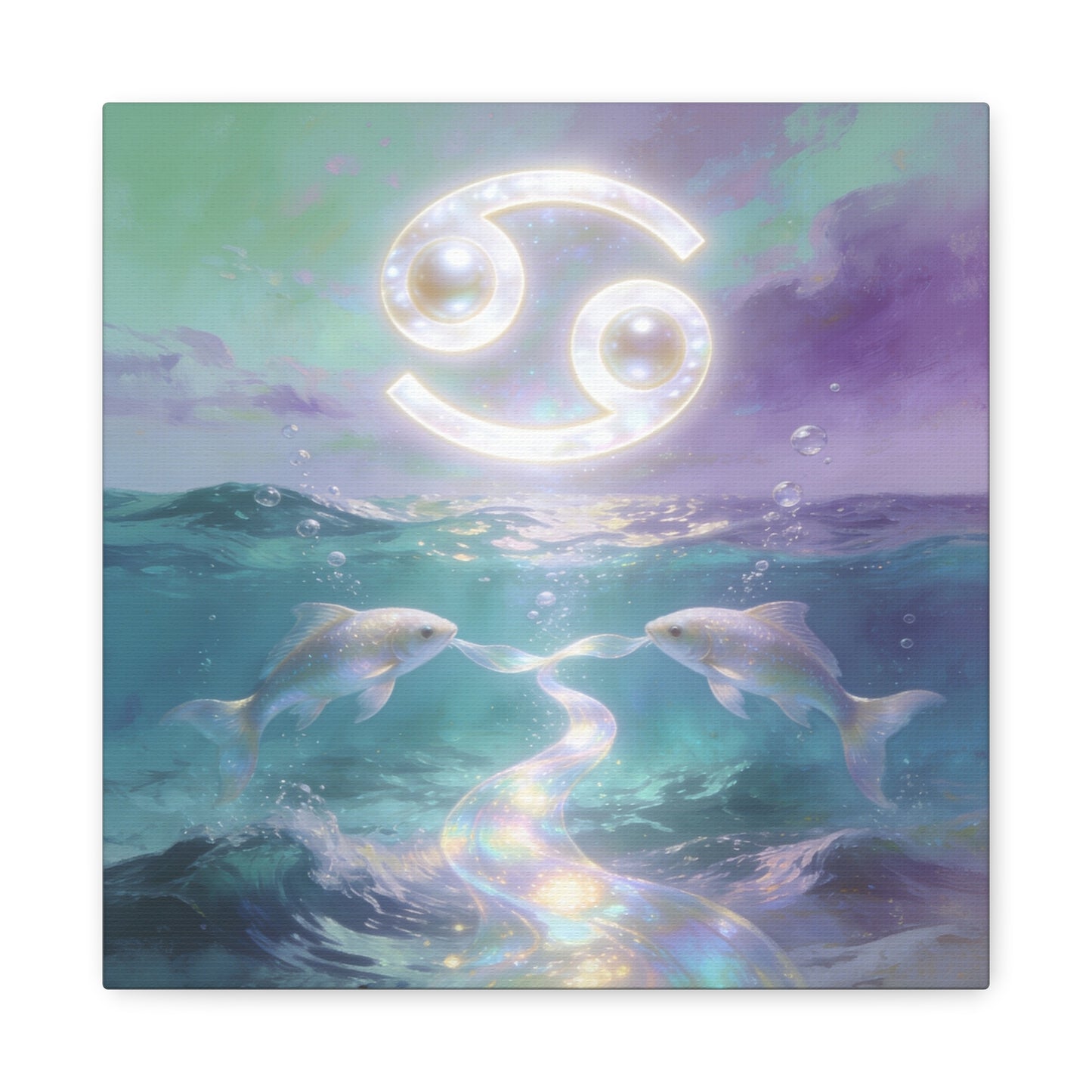 Cancer Zodiac Canvas Wall Art - Two Pearl Fish Ocean Illustration, Celestial Astrology Decor - Iridescent Matte Canvas Print - Mystical Coastal Style For Bedroom Living Room - Living Room Wall Decor