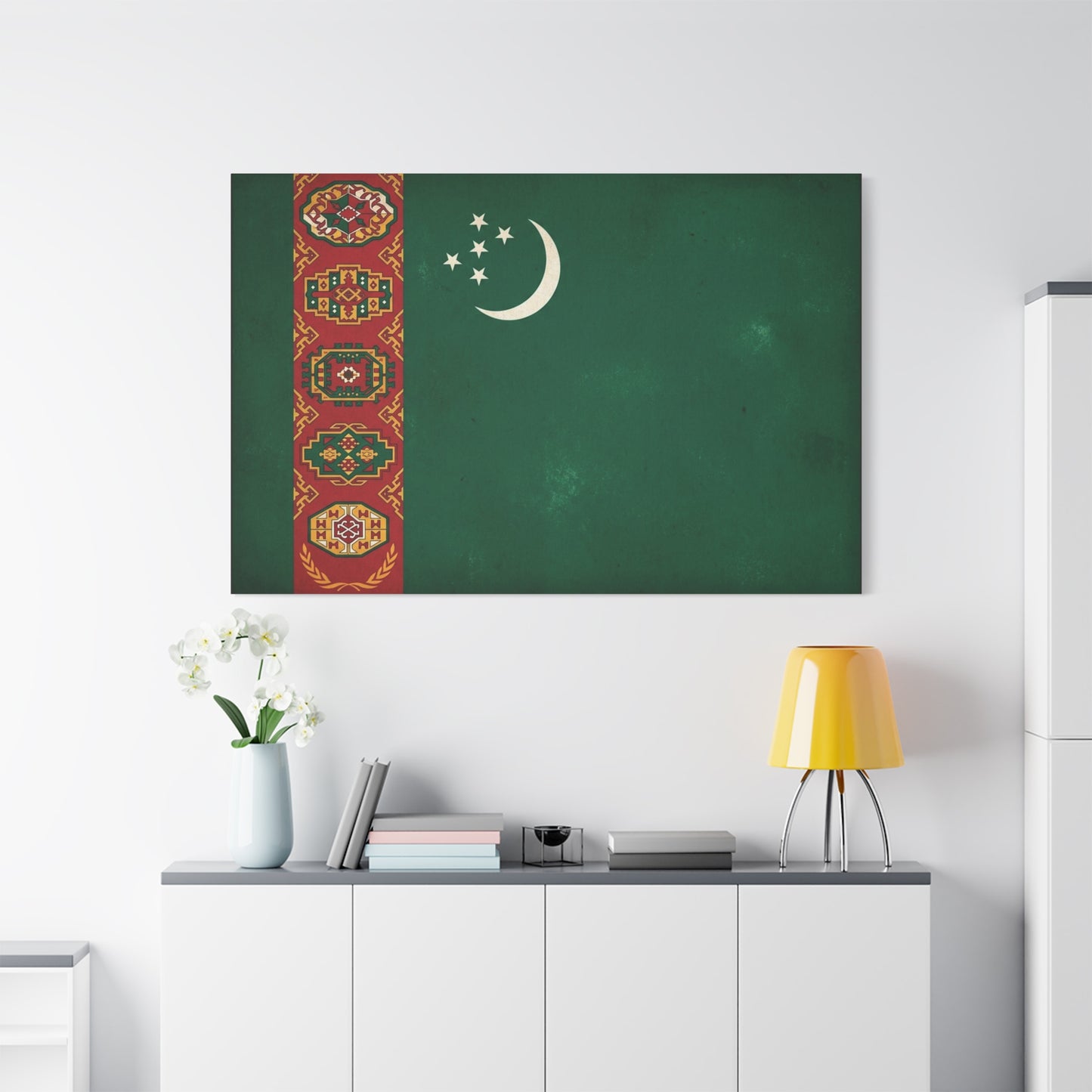 Turkmenistan Flag Canvas Wall Art - Vintage Nation Banner Print, Green Crescent Stars, Heritage Decor - Traditional Style - Living Room Wall Decor, Bedroom Home Decoration - Bedroom Home Decoration