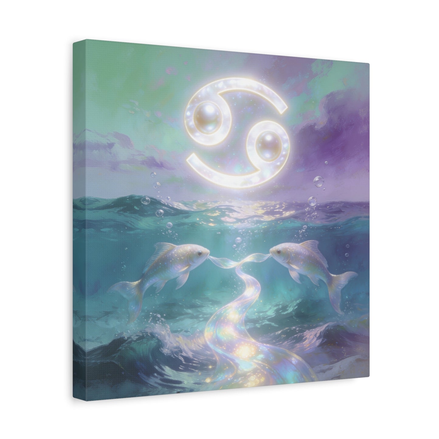 Cancer Zodiac Canvas Wall Art - Two Pearl Fish Ocean Illustration, Celestial Astrology Decor - Iridescent Matte Canvas Print - Mystical Coastal Style For Bedroom Living Room - Living Room Wall Decor
