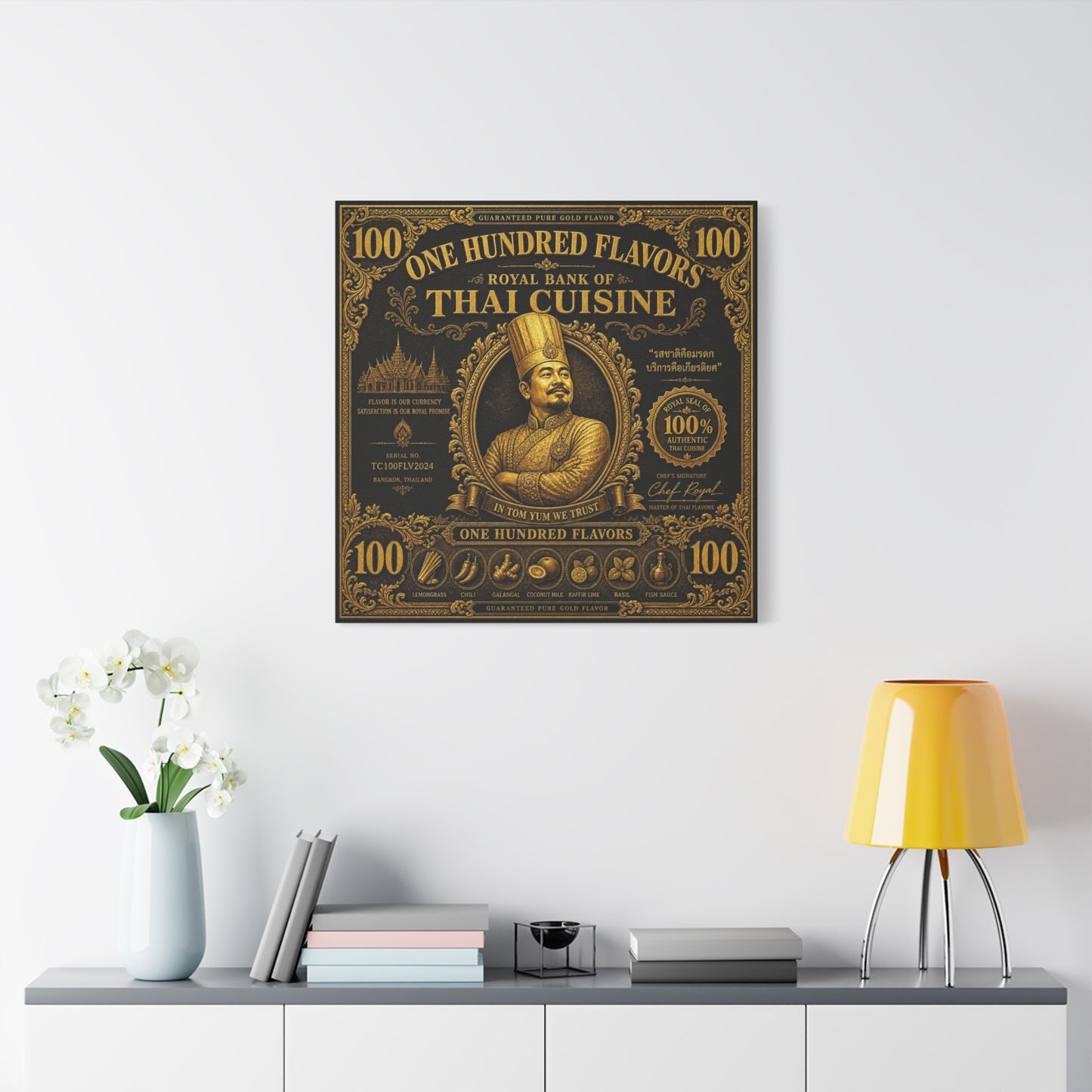"One Hundred Flavors" Thai Cuisine Canvas Wall Art - Vintage Gold Chef Portrait, Typography Poster Print, Ornate Bangkok Illustration - Restaurant Decor, Dining Room Accent, Cafe Wall Decor