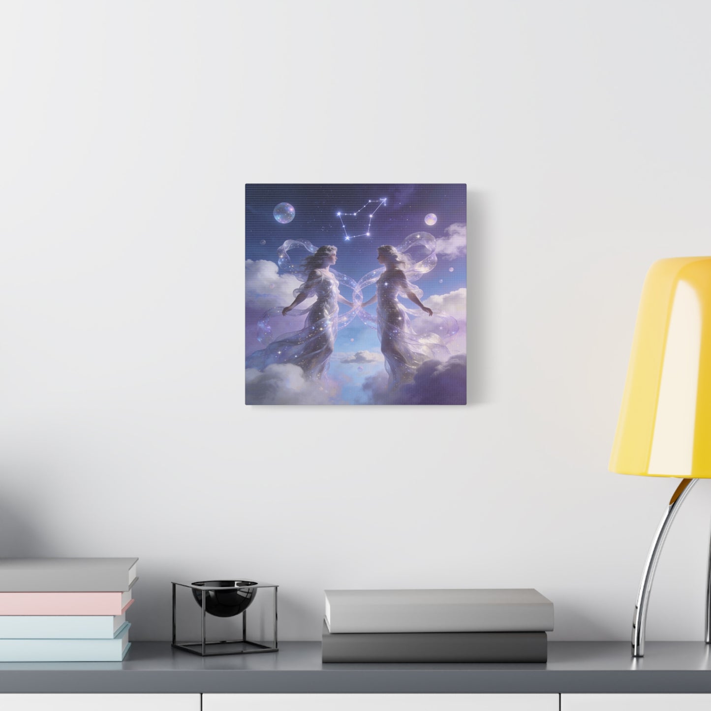 Gemini Zodiac Canvas Wall Art - Celestial Twin Women Under Constellation, Dreamy Fantasy Sky Scene - Matte Cotton Art Print - Bedroom Wall Decor, Meditation Space Accent - Bedroom Home Decoration