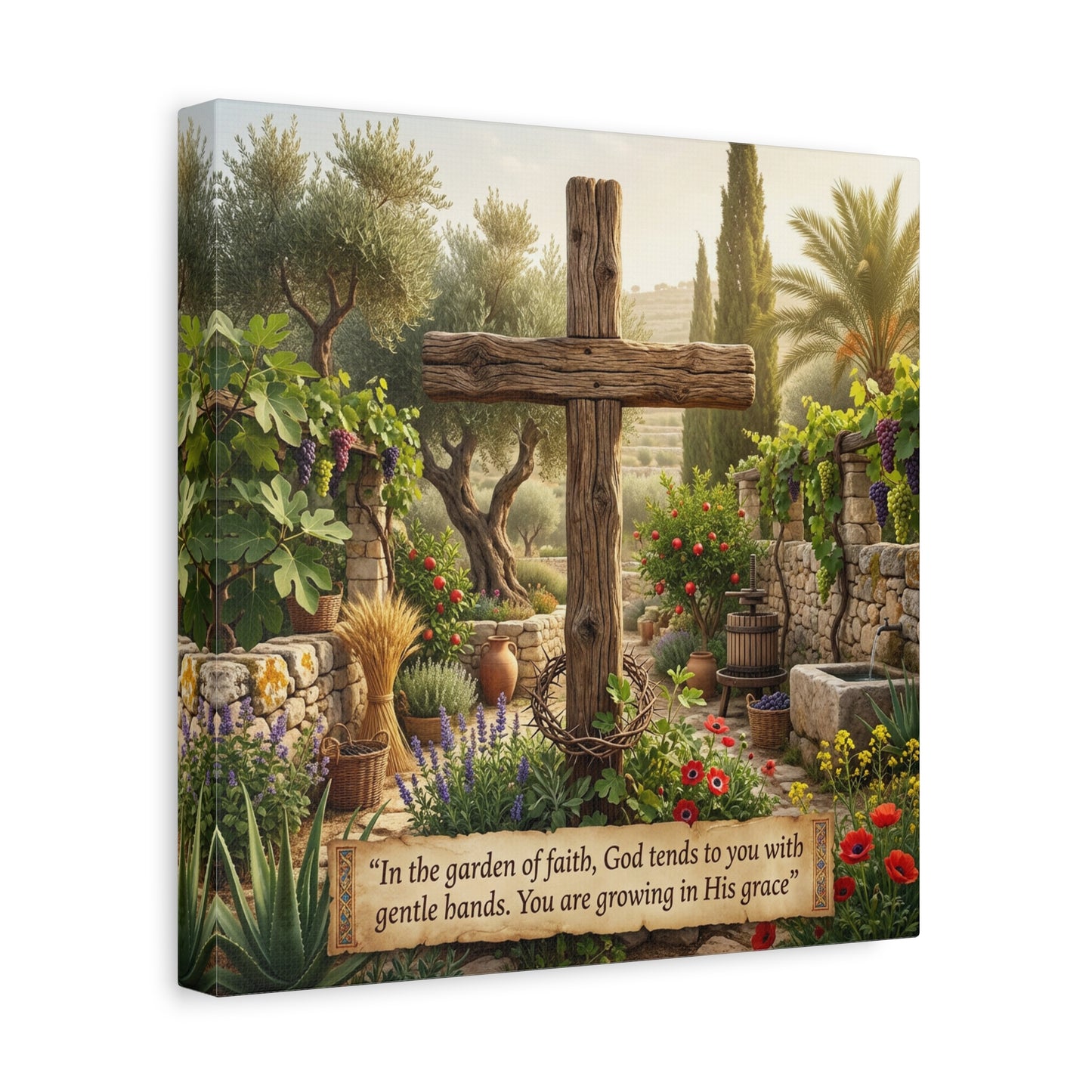 "In The Garden Of Faith, God Tends To You With Gentle Hands. You Are Growing In His Grace" Canvas Wall Art - Rustic Wooden Cross, Christian Garden Scene - Living Room Wall Decor - Ready to Hang