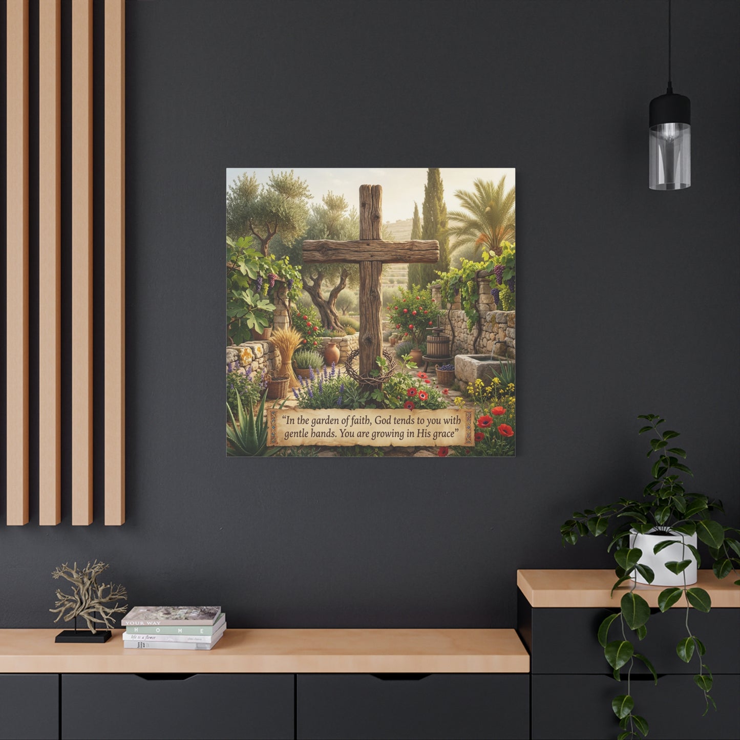 "In The Garden Of Faith, God Tends To You With Gentle Hands. You Are Growing In His Grace" Canvas Wall Art - Rustic Wooden Cross, Christian Garden Scene - Living Room Wall Decor - Ready to Hang