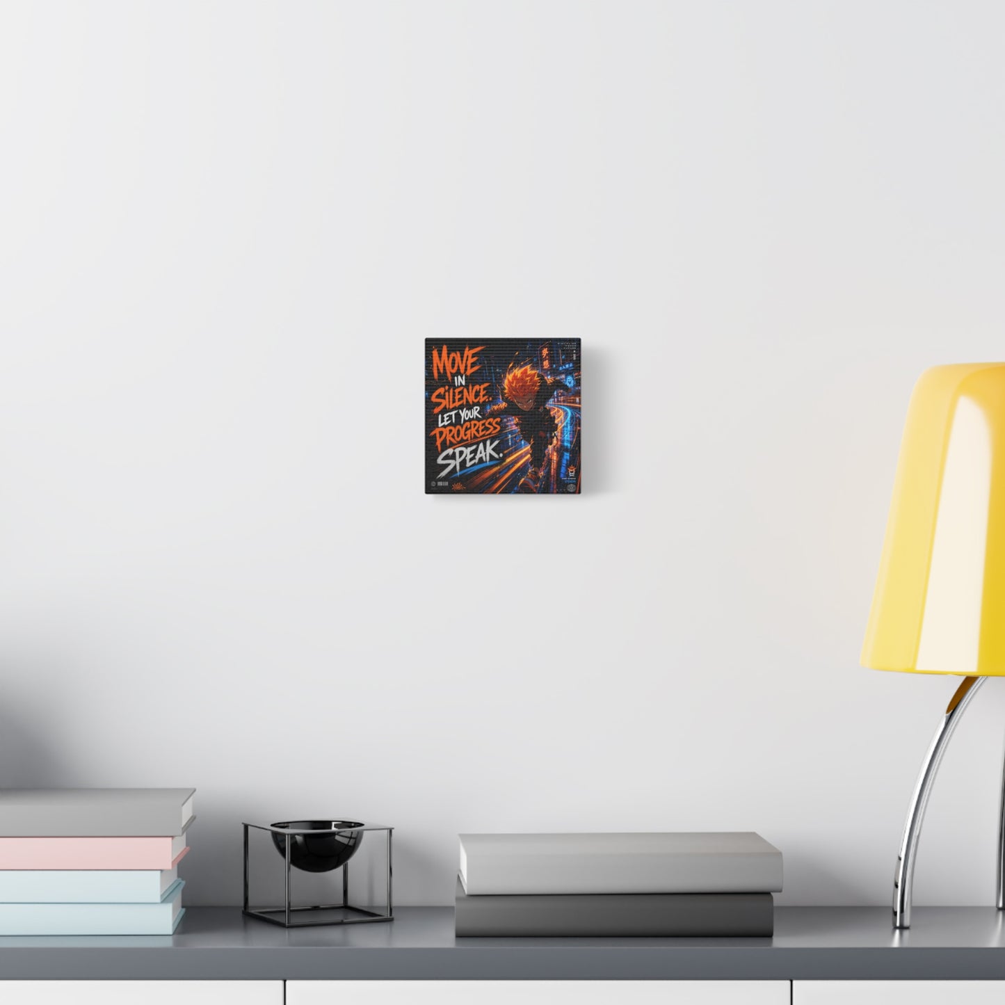 "Move In Silence Let Your Progress Speak" Anime Canvas Wall Art - Cyberpunk Runner Motivational Quote Print, Neon City Street Illustration - Teen Bedroom Decor, Home Office Accent - Office Wall Art