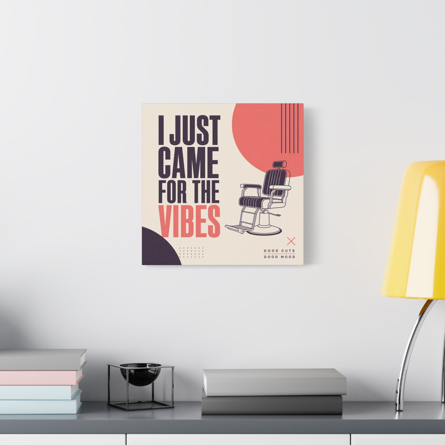 "I Just Came For The Vibes" Typography Canvas Wall Art - Barber Chair Line Illustration, Coral And Black Modern Salon Wall Decor - Minimalist Quote Print For Barbershop Lobby Workspace - Ready to Hang