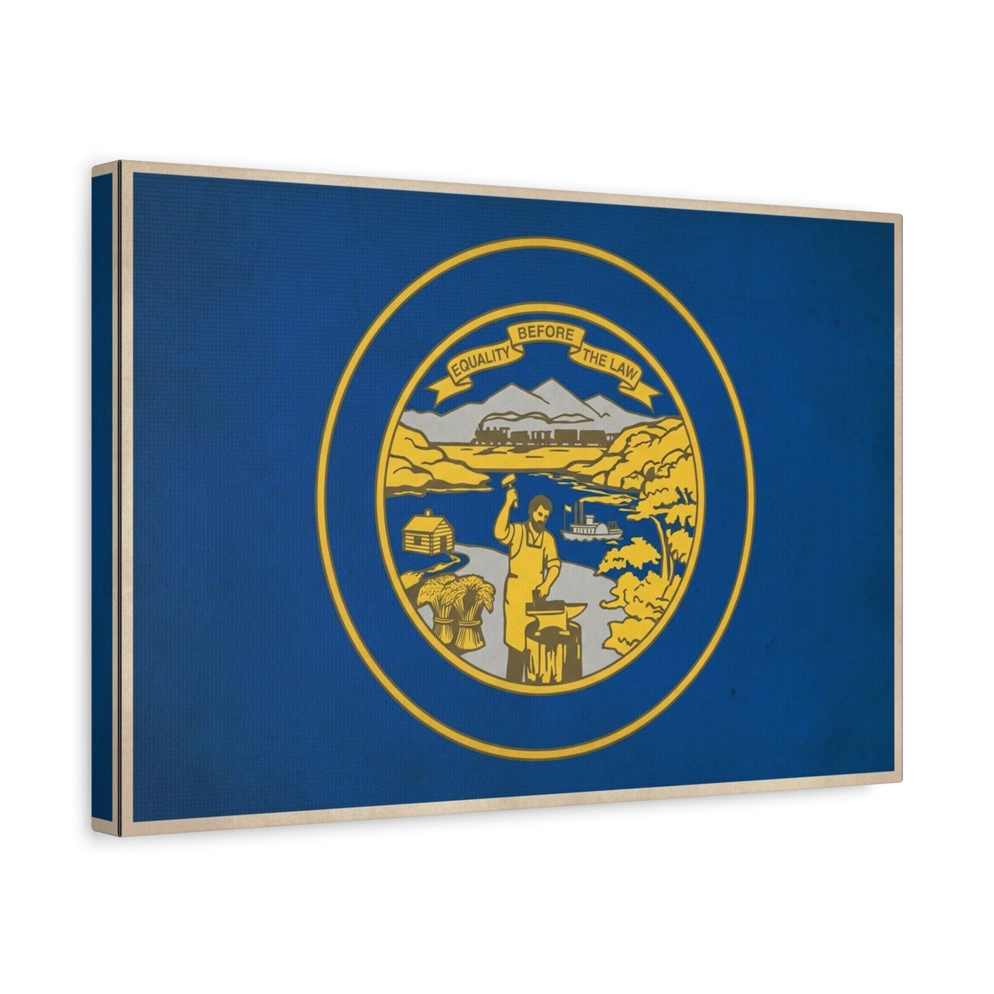 "Equality Before The Law" Kansas State Flag Canvas Wall Art - Blue Gold Sunflower State Seal Print - Vintage Americana Style, Living Room Wall Decor, Office Home Decoration - Bedroom Home Decoration