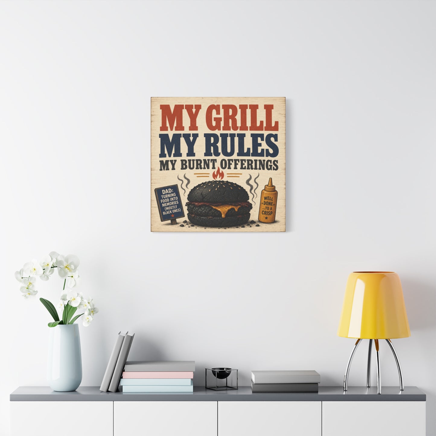 "My Grill My Rules My Burnt Offerings" Funny BBQ Canvas Wall Art - Burnt Burger Grill Sign, Rustic Farmhouse Kitchen Decor, Patriotic Red Blue Typography Print - Man Cave Wall Decor - Ready to Hang