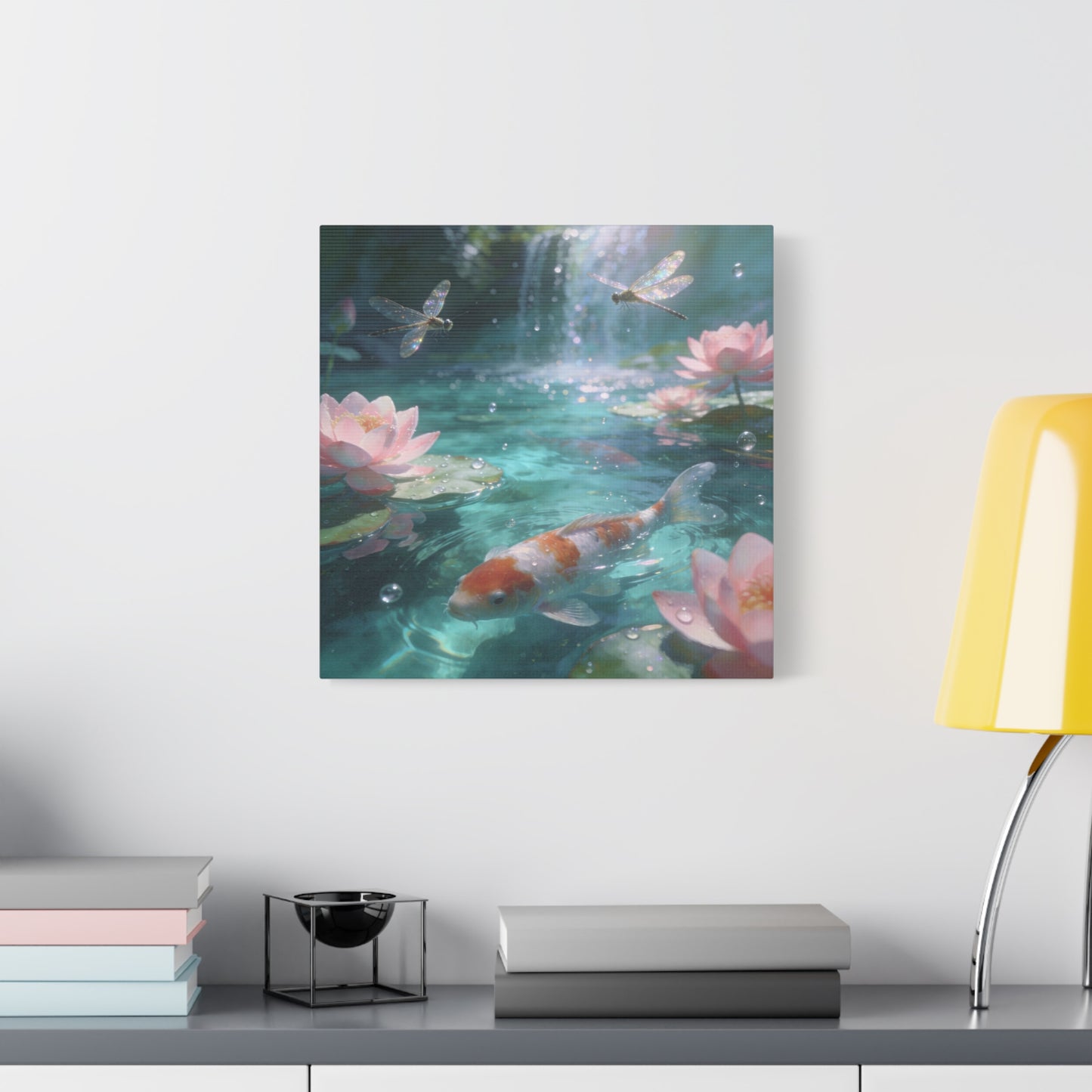 Koi Fish Lotus Canvas Wall Art - Dragonflies Over Teal Pond Water, Pink Water Lily Floral Scene - Dreamy Matte Canvas Print - Bedroom Wall Decor, Living Room Home Accent - Bedroom Home Decoration