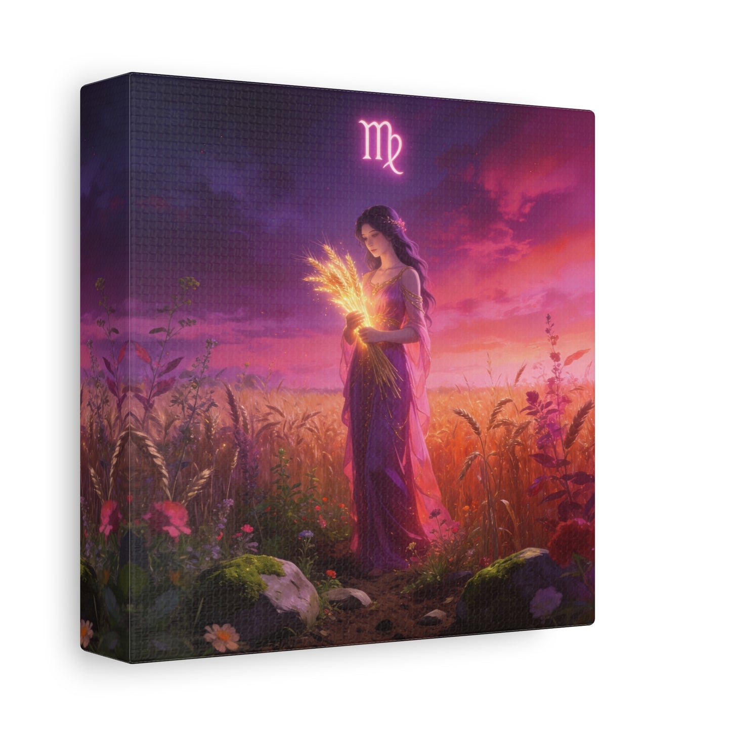Virgo Zodiac Canvas Wall Art - Maiden Holding Glowing Wheat, Purple Twilight Field - Fantasy Illustration, Matte Canvas Print - Bedroom Wall Decor, Meditation Space Accent - Bedroom Home Decoration