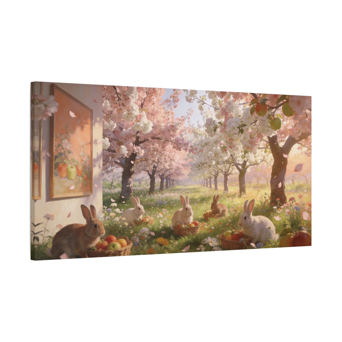Cherry Blossom Rabbit Canvas Wall Art - Spring Orchard Bunnies, Apple Basket Meadow Scene - Matte Cotton Print, Pastel Floral Style - Bedroom Wall Decor, Nursery Home Decoration - Ready to Hang