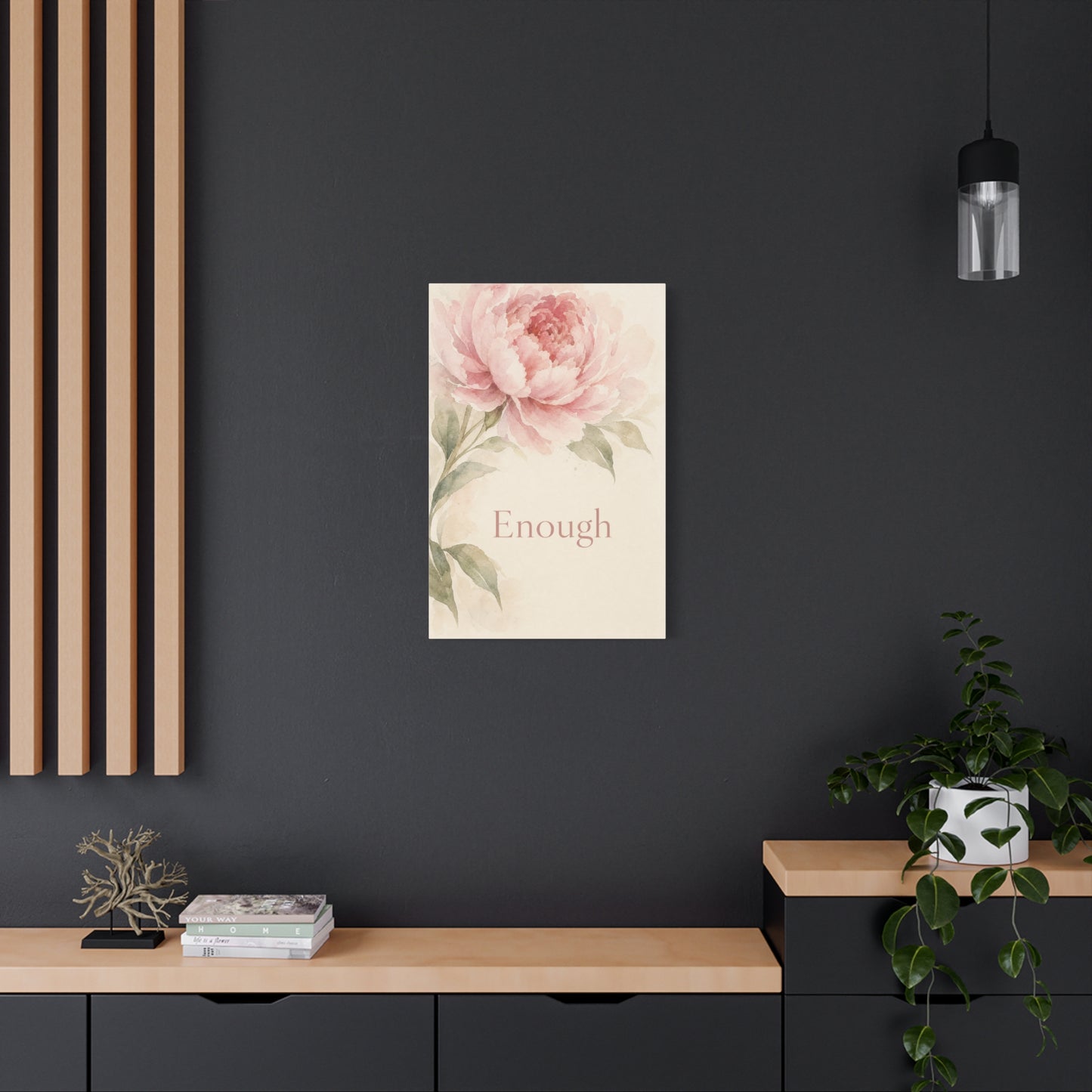 "Enough" Peony Canvas Wall Art - Pink Watercolor Floral Inspirational Print - Soft Botanical Bedroom Wall Decor - Feminine Home Decoration - Bedroom Home Decoration - Modern Farmhouse Style