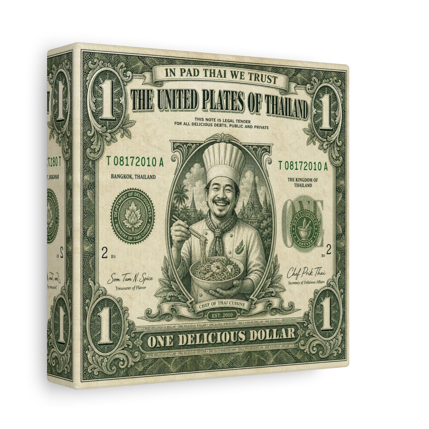 "In Pad Thai We Trust" Typography Canvas Wall Art - Vintage Thai Currency Illustration, Chef Portrait, Bangkok Thailand Food Poster Style - Kitchen Wall Decor, Dining Room Accent - Ready to Hang