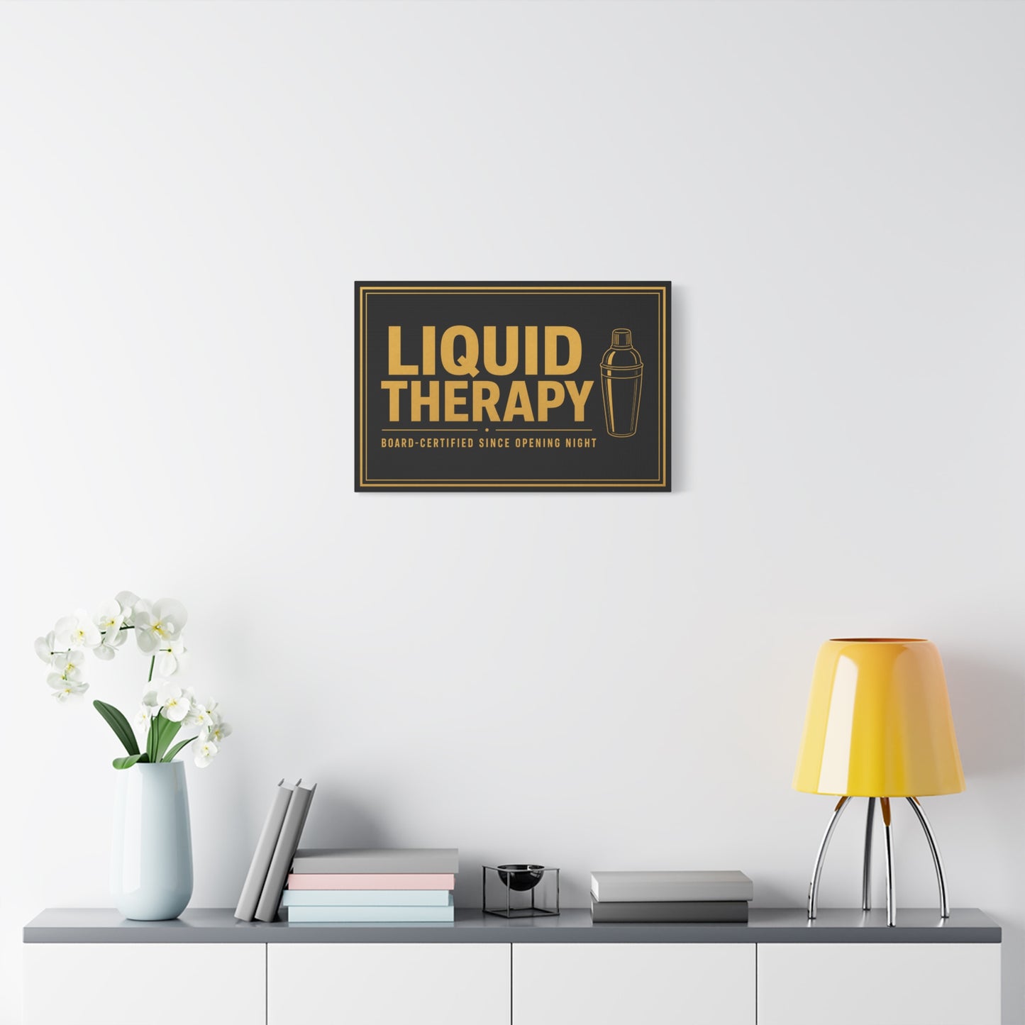 "Liquid Therapy" Cocktail Canvas Wall Art - Board-Certified Since Opening Night Bar Quote Print, Black And Gold Typography, Modern Lounge Decor - Pub Wall Art - Cocktail Lounge Decor - Ready to Hang