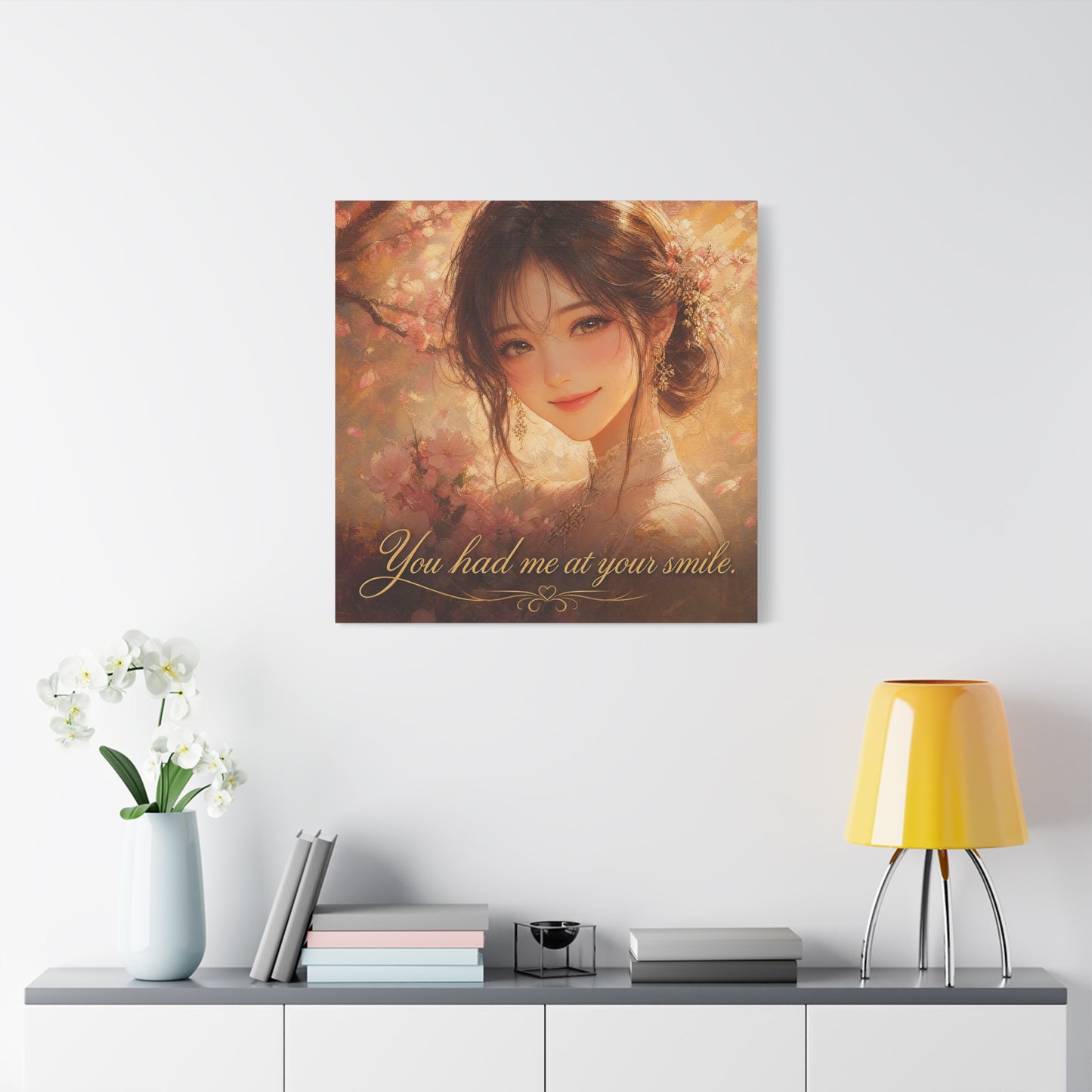 You Had Me At Your Smile Portrait Canvas Wall Art - Romantic Floral Woman Quote Print - Golden Blush Illustration - Traditional Style Living Room Decor - Ready to Hang - Living Room Wall Decor