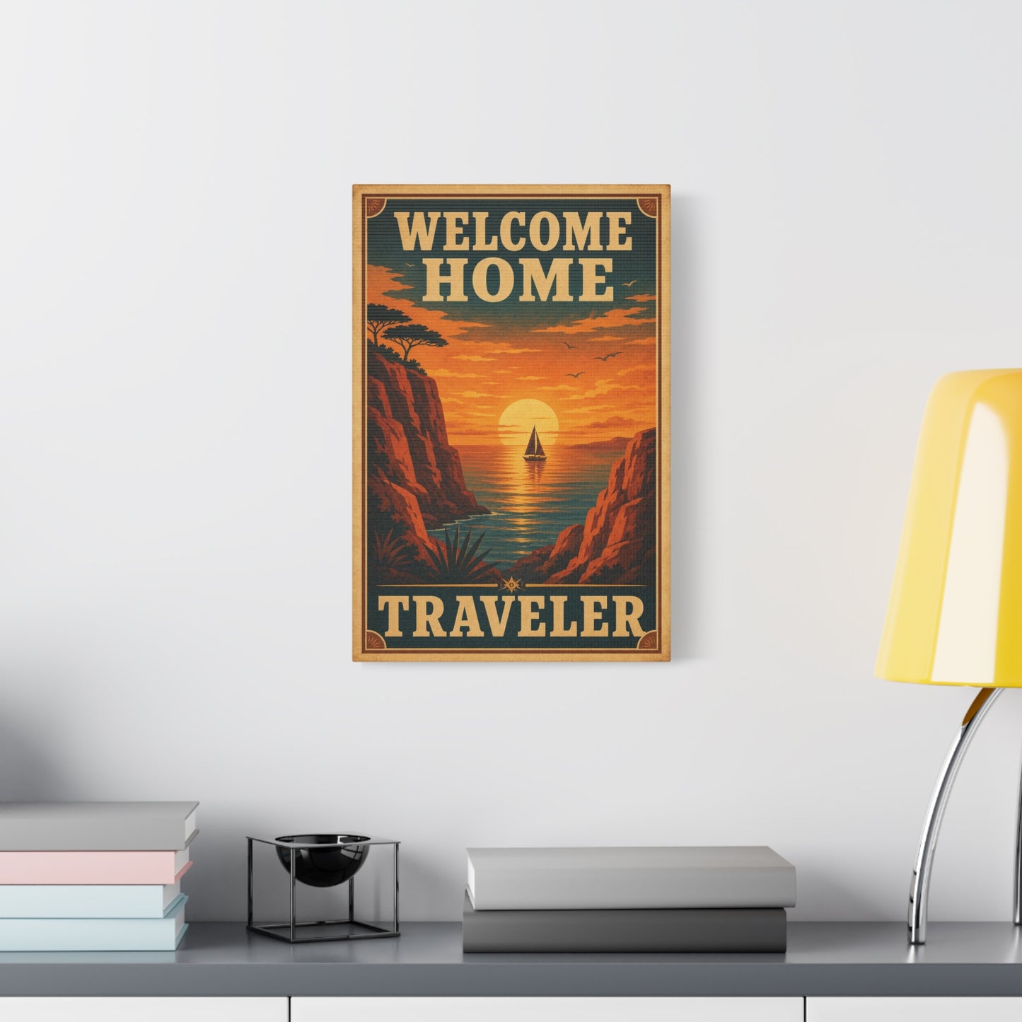 "Welcome Home Traveler" Vintage Coastal Canvas Wall Art - Sunset Sailboat Seascape Print - Retro Travel Poster Style - Living Room Wall Decor, Hallway Home Decoration - Modern Farmhouse Style
