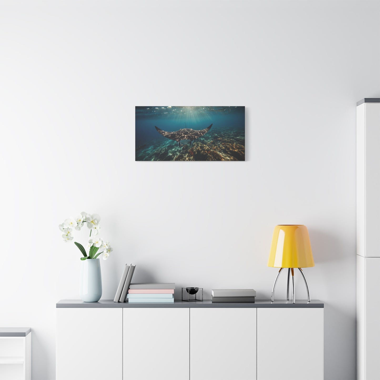 Manta Ray Canvas Wall Art - Underwater Ocean Art Print, Blue Coral Reef Seascape - Matte Cotton Canvas Print - Coastal Wall Decor, Living Room Home Decoration, Office Art - Bedroom Home Decoration
