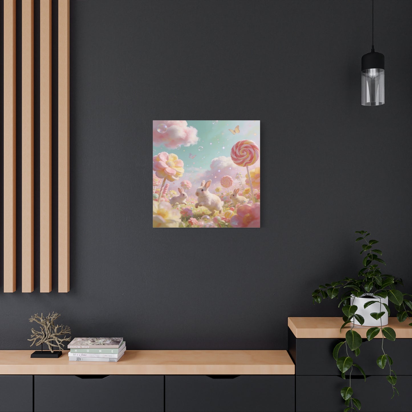 Bunny Candyland Canvas Wall Art - Pastel Rabbit Meadow, Lollipop Flowers, Dreamy Nursery Wall Decor - Whimsical Illustration - Bedroom Home Decoration, Kids Room Accent - Bedroom Home Decoration