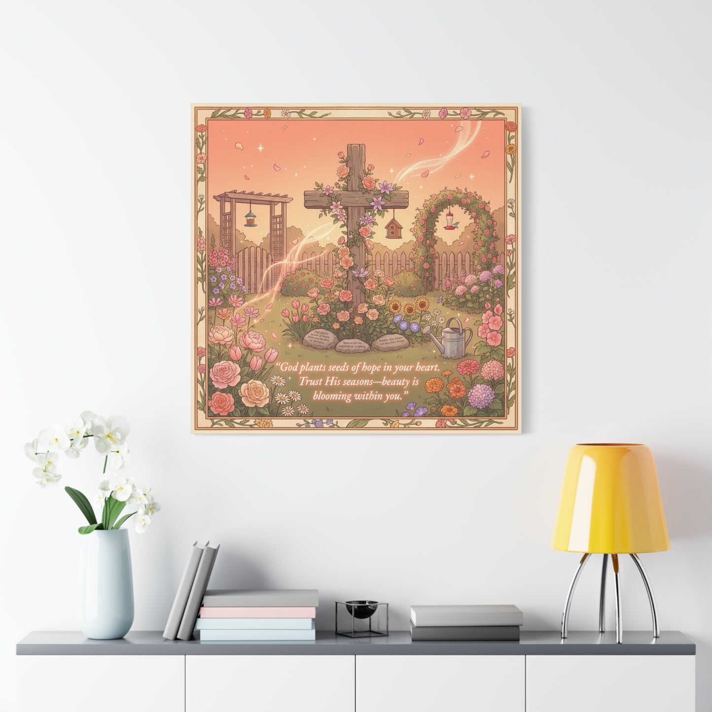 "God Plants Seeds Of Hope In Your Heart" Christian Canvas Wall Art - Floral Cross Garden Scripture Print, Matte Cotton Decor - Inspirational Bedroom Home Decoration, Living Room Accent - Ready to Hang