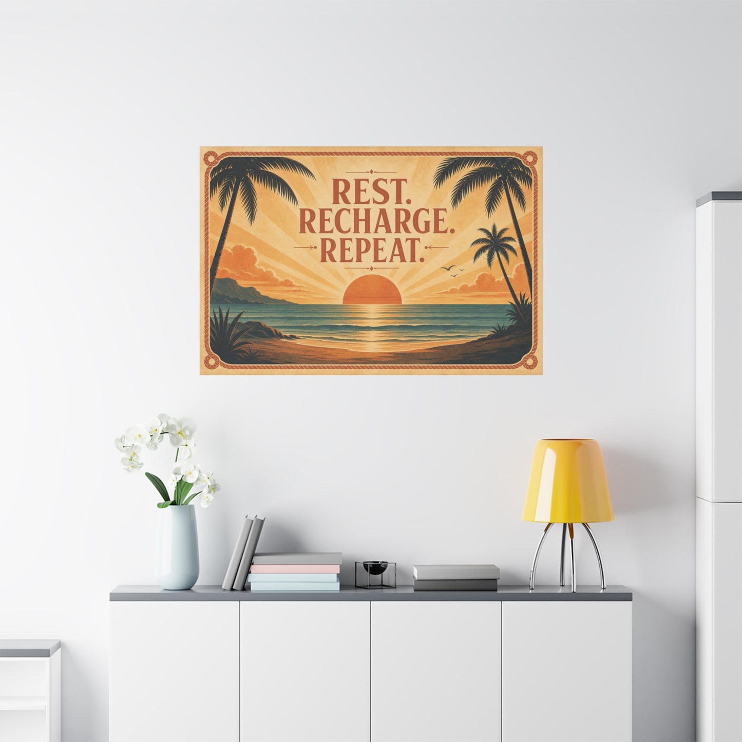 "Rest. Recharge. Repeat." Tropical Beach Sunset Canvas Wall Art - Vintage Coastal Typography, Retro Palm Tree Ocean Scene, Living Room Wall Decor, Bedroom Home Decoration - Bedroom Home Decoration