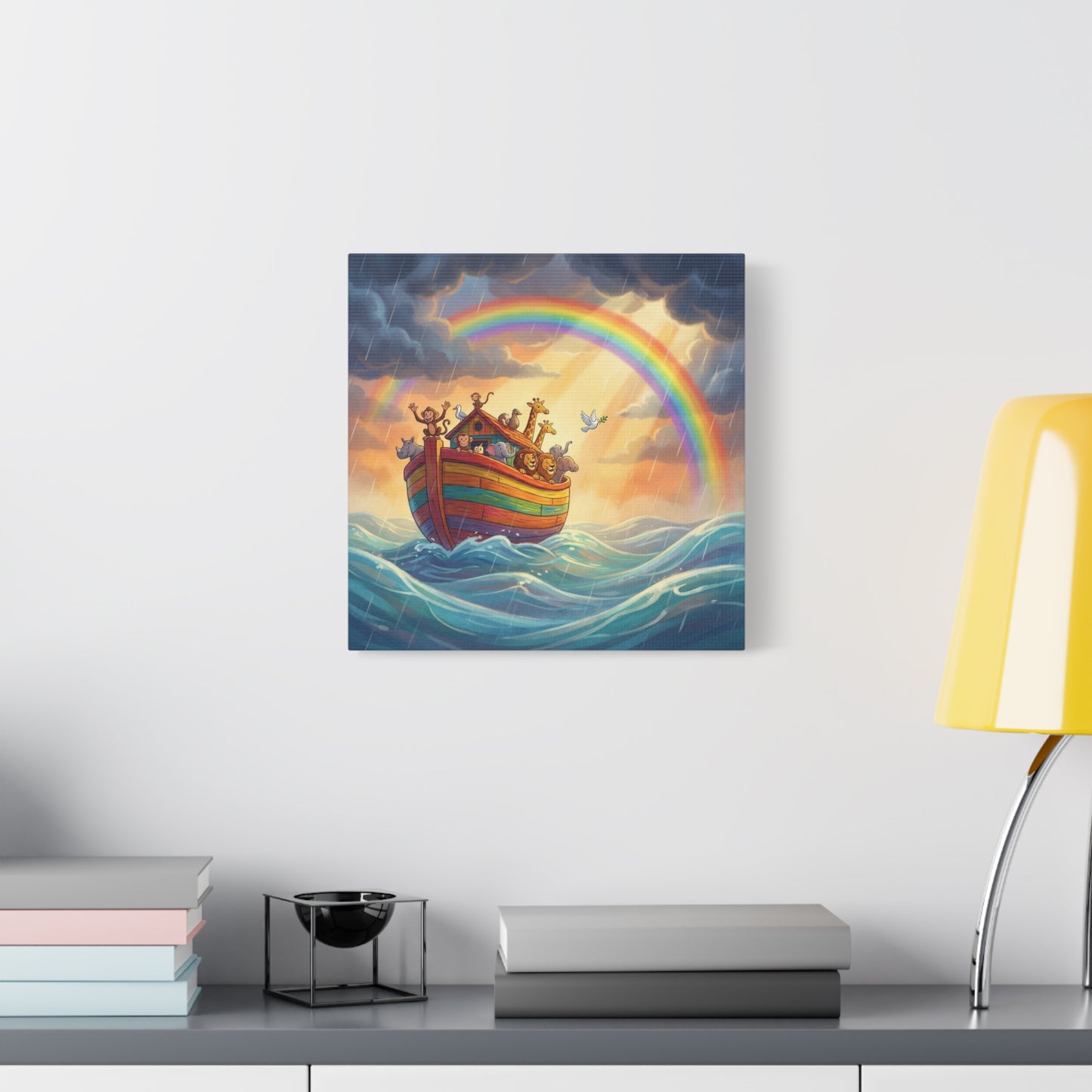Noahs Ark Canvas Wall Art - Rainbow Animal Boat Nursery Decor - Cotton Canvas Print, Kids Bedroom Home Decoration, Playroom Wall Hanging, Biblical Story Illustration, Classroom Accent - Ready to Hang