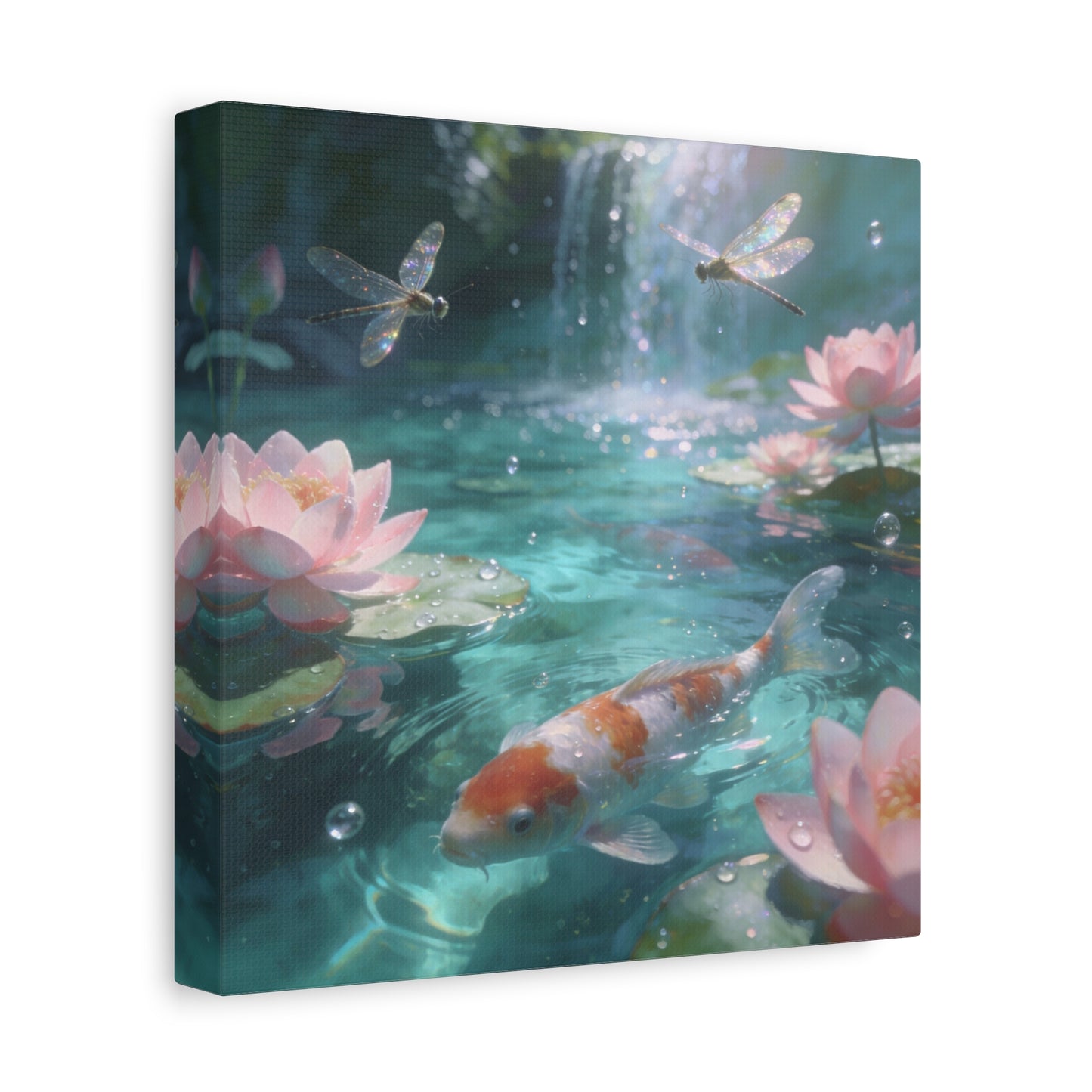 Koi Fish Lotus Canvas Wall Art - Dragonflies Over Teal Pond Water, Pink Water Lily Floral Scene - Dreamy Matte Canvas Print - Bedroom Wall Decor, Living Room Home Accent - Bedroom Home Decoration