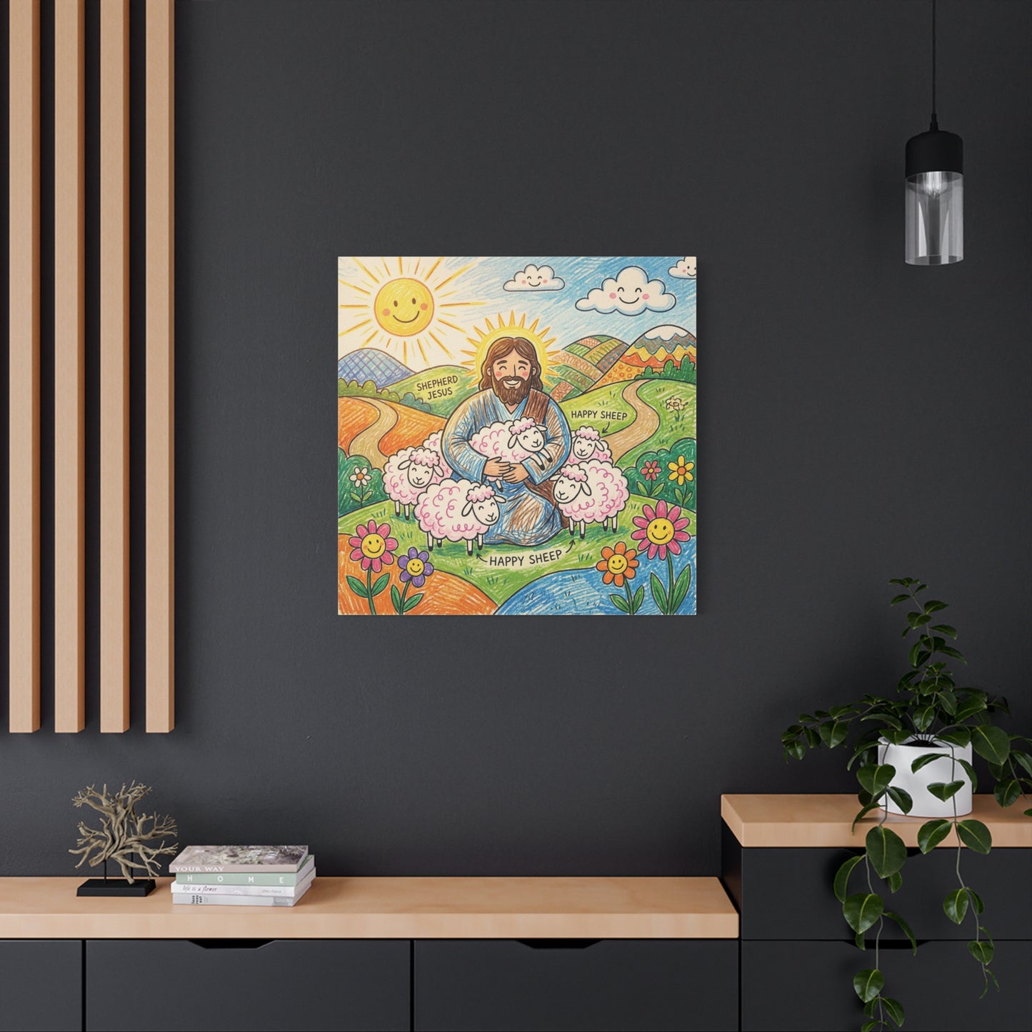 "Shepherd Jesus" "Happy Sheep" Jesus Canvas Wall Art - Christian Kids Nursery Decor, Colorful Religious Print - Matte Cotton Canvas - Playroom Bedroom Classroom Decoration - Living Room Wall Decor