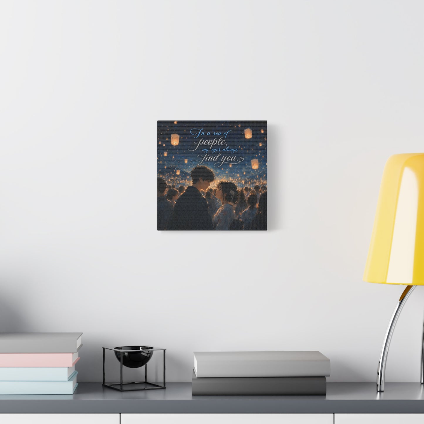 "In A Sea Of People, My Eyes Always Find You." Couple Canvas Wall Art - Romantic Lantern Night Scene, Blue Gold Typography Print, Bedroom Decor - Bedroom Home Decoration - Living Room Wall Decor
