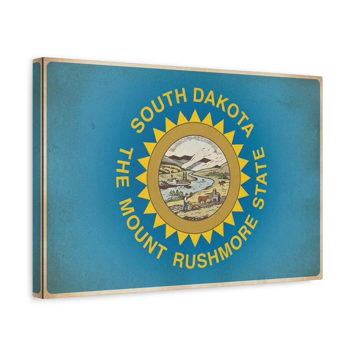 "South Dakota The Mount Rushmore State" Flag Canvas Wall Art - Vintage State Pride Decor, Blue Banner Print, Rustic Americana Style, Living Room Wall Decor, Office Art - Bedroom Home Decoration