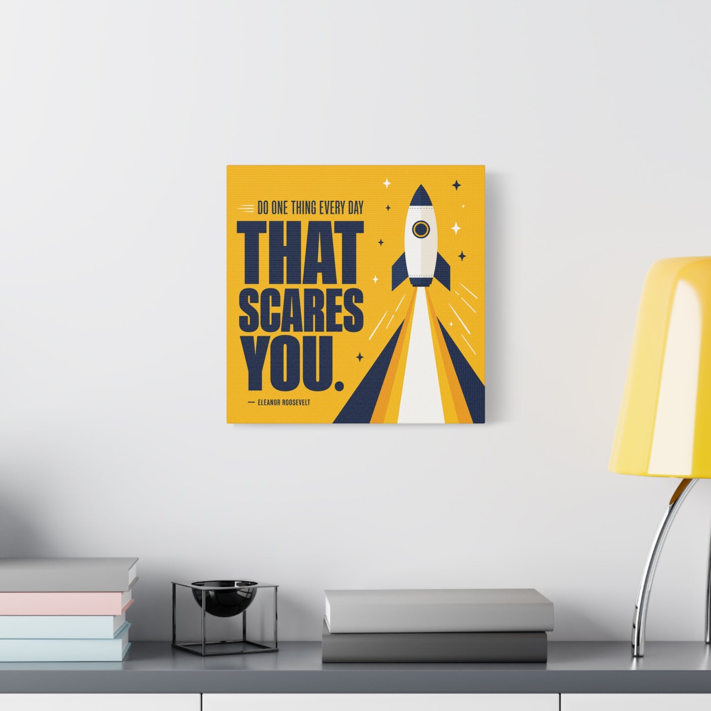 "Do One Thing Every Day That Scares You." Rocket Canvas Wall Art - Motivational Typography Space Decor - Modern Yellow Quote Print - Kids Bedroom Wall Decor, Playroom Home Decoration - Ready to Hang