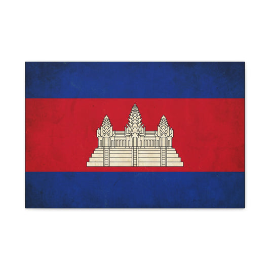 Cambodia Flag Canvas Wall Art - Khmer Temple Emblem Patriotic Print, Vintage National Decor - Textured Red Blue Banner Style - Living Room Wall Decor - Bedroom Home Decoration - Modern Farmhouse Style
